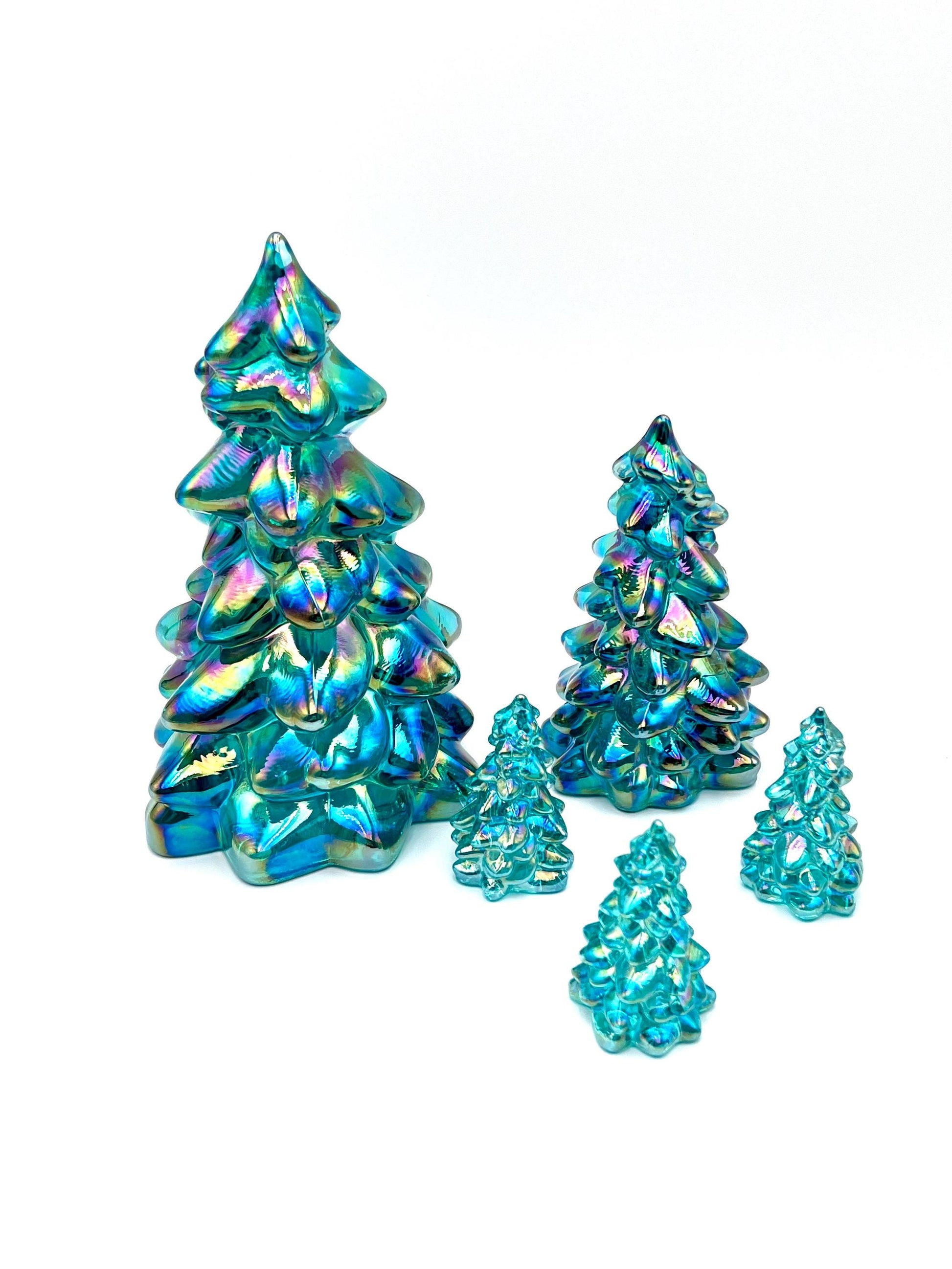 Mosser Glass Trees Teal Carnival Set of 5 Trees, 1 Large, 1 Medium and 3 Small Tree Collection Pressed Glass Pine Tree