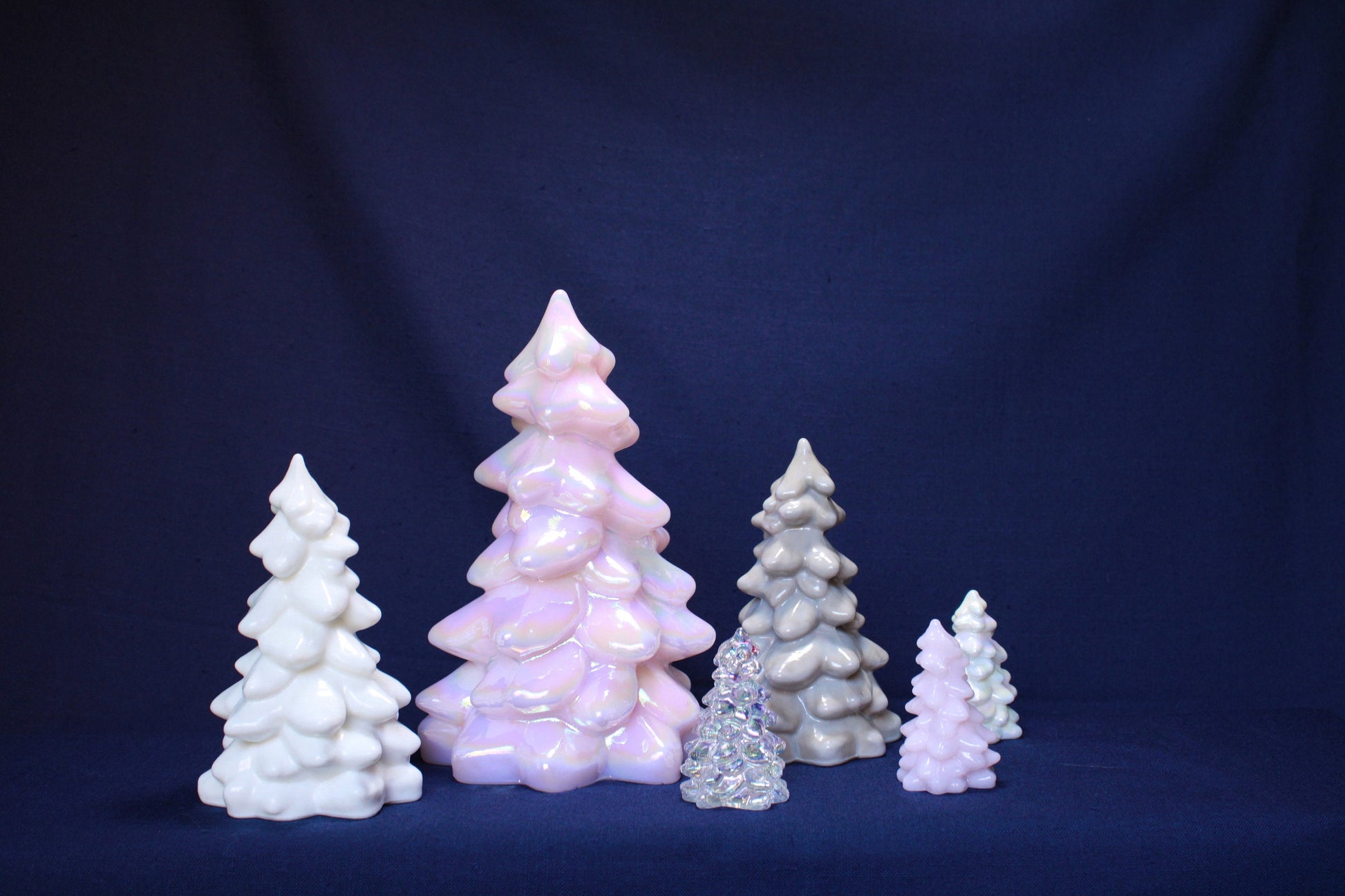Mosser Glass Trees a Set of 6 Trees, 1 Large, 2 Medium and 3 Small Tree Collection Pressed Glass Pine Tree