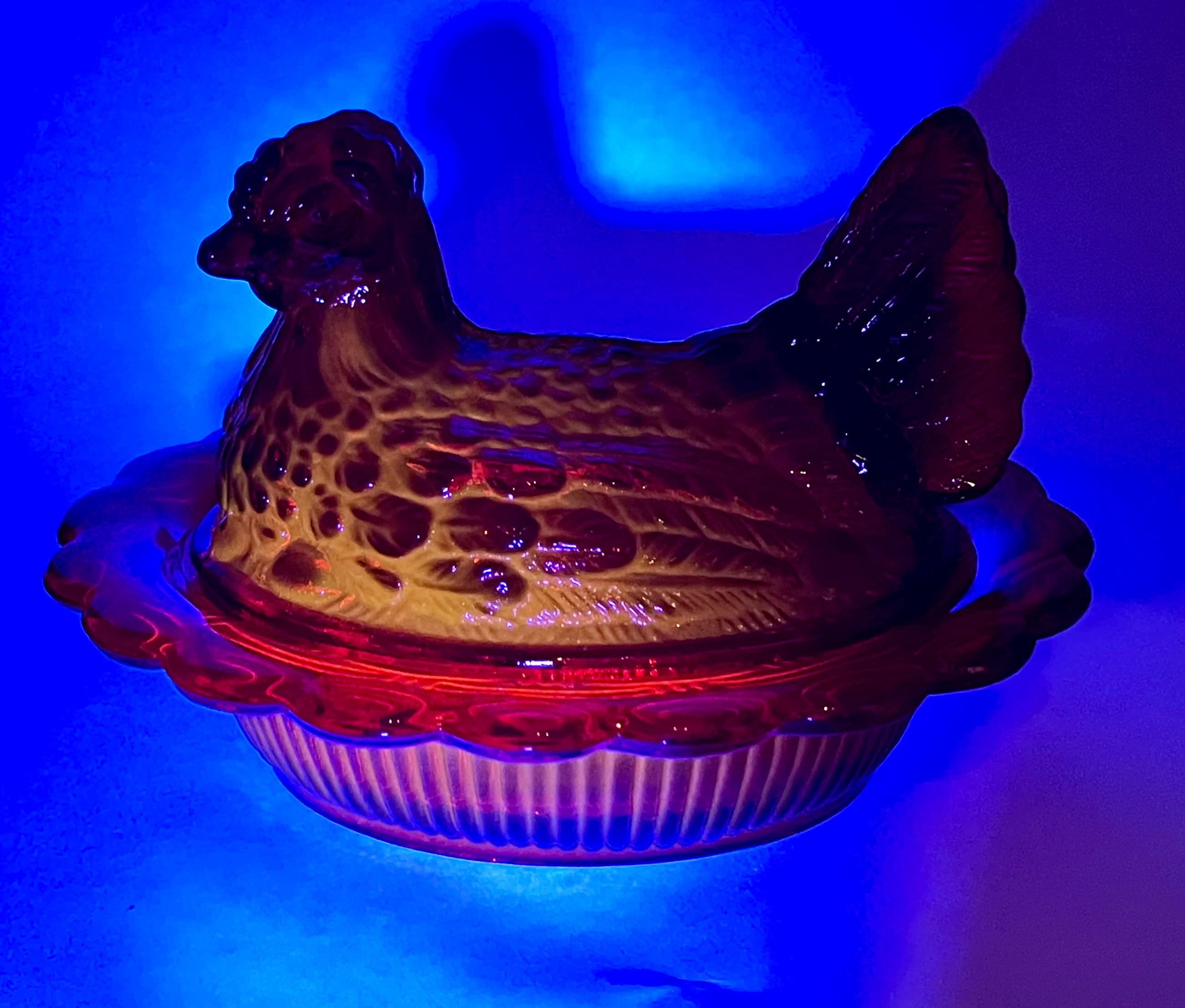 Mosser Red Hen on Nest Glows under UV Candy Dish 4" high, 6 5/8" long and 5 1/2" wide Marked Mosser Glass