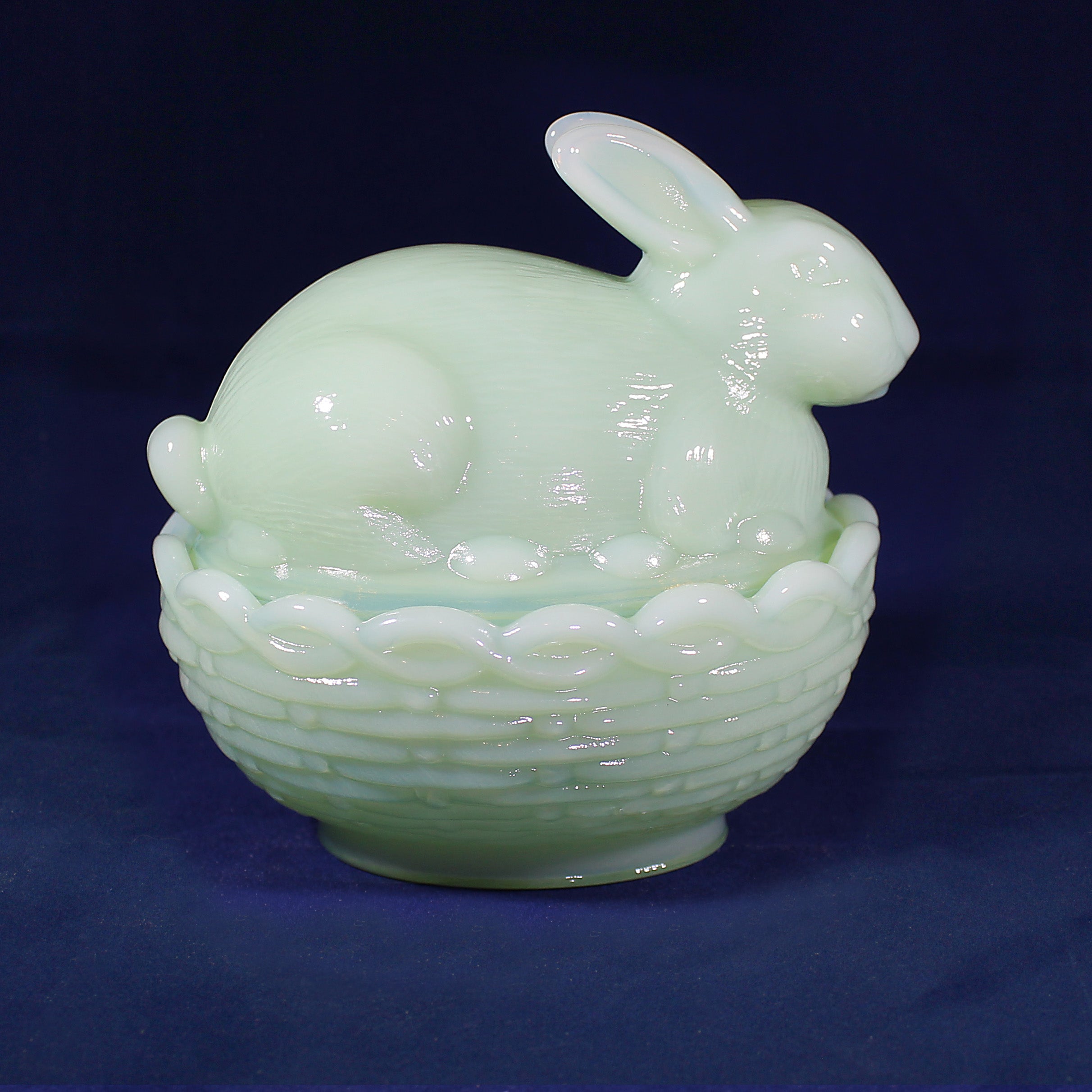 Mosser Bunny Covered Dish, 3-3/4" High 4" Long, Choice of Colors: Jadeite, Milk Glass, Purple, Pink, Teal, Eggplant