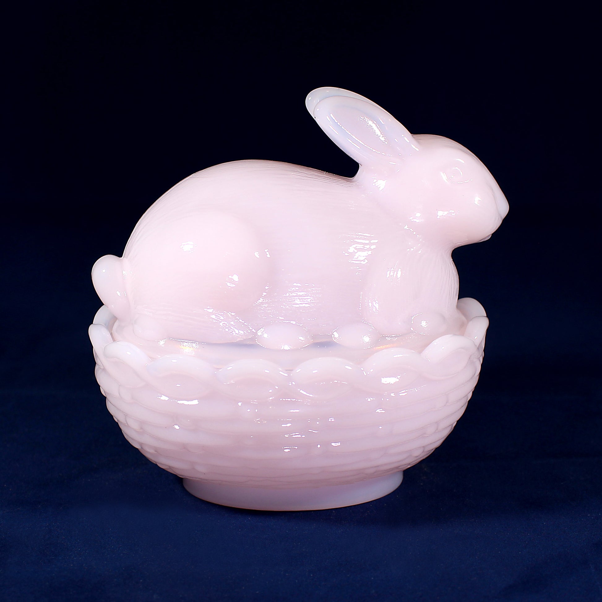 Mosser Bunny Covered Dish, 3-3/4" High 4" Long, Choice of Colors: Jadeite, Milk Glass, Purple, Pink, Teal, Eggplant