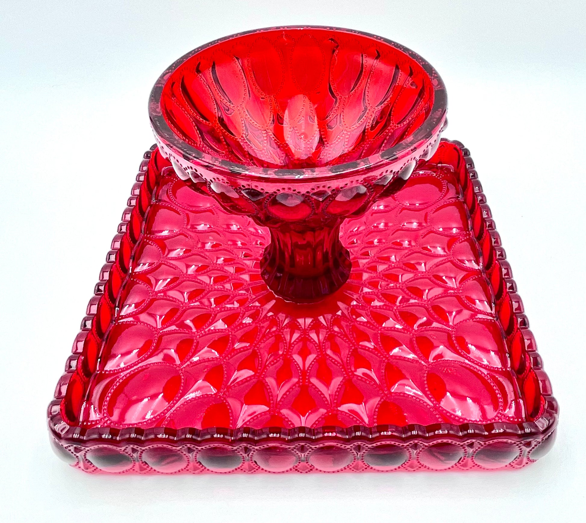 Mosser Red Cake Stand or Cake Plate 10" Square Elizabeth Quilted Pedestal Cake Plate Wedding, Shower, Cupcakes