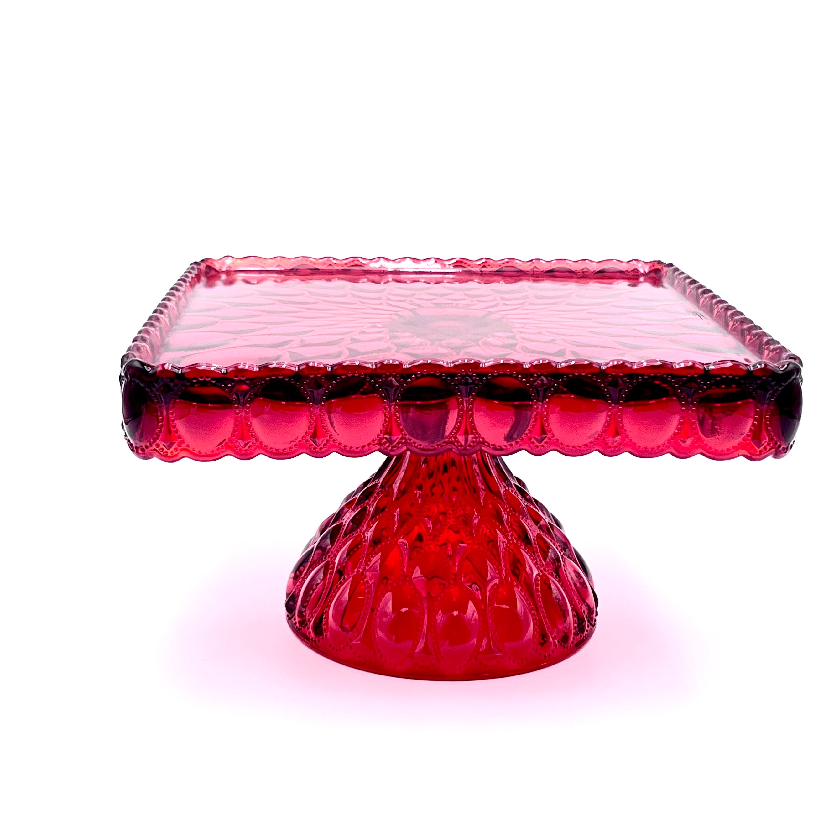 Mosser Red Cake Stand or Cake Plate 10" Square Elizabeth Quilted Pedestal Cake Plate Wedding, Shower, Cupcakes
