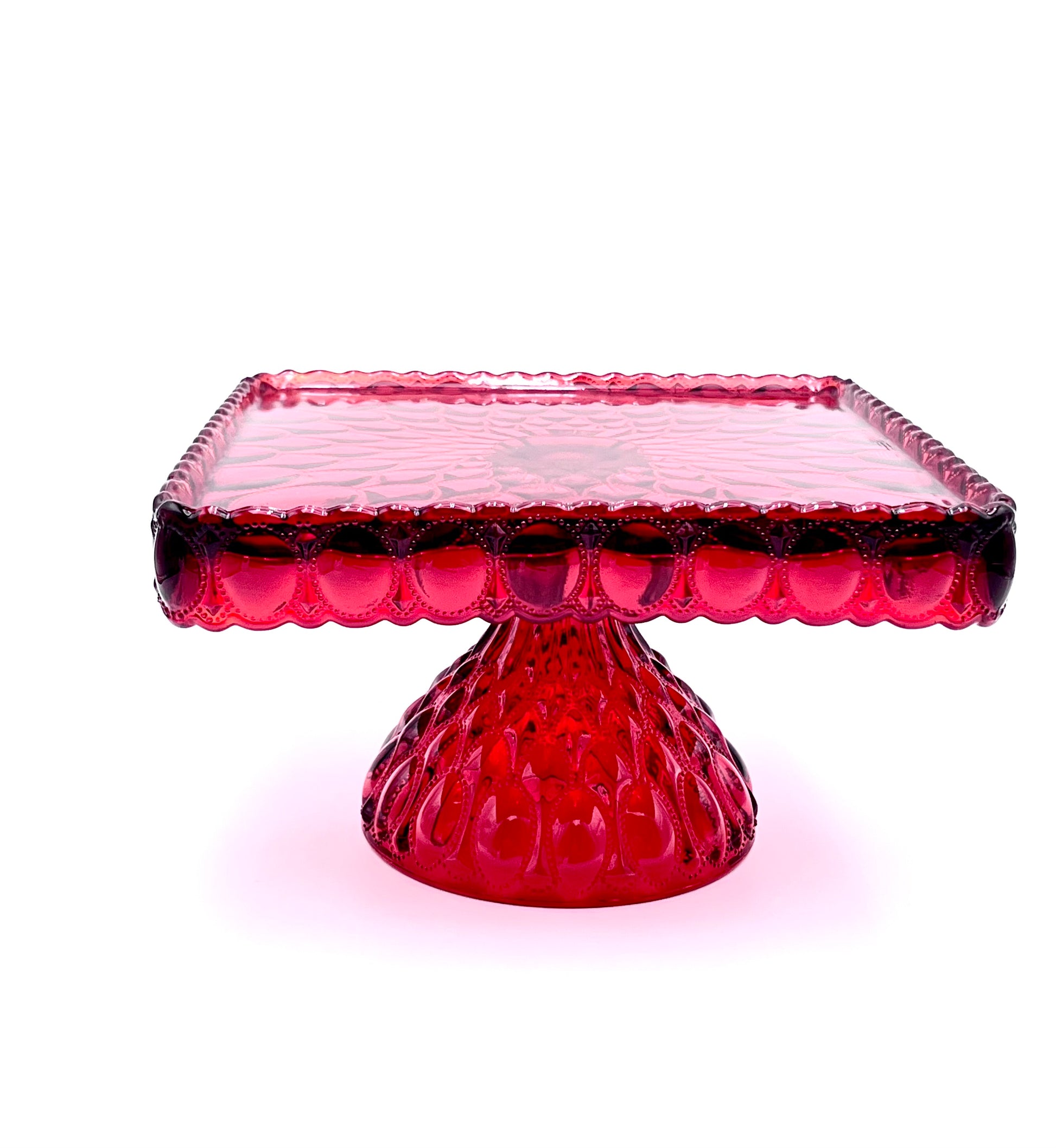 Mosser Red Cake Stand or Cake Plate 10" Square Elizabeth Quilted Pedestal Cake Plate Wedding, Shower, Cupcakes