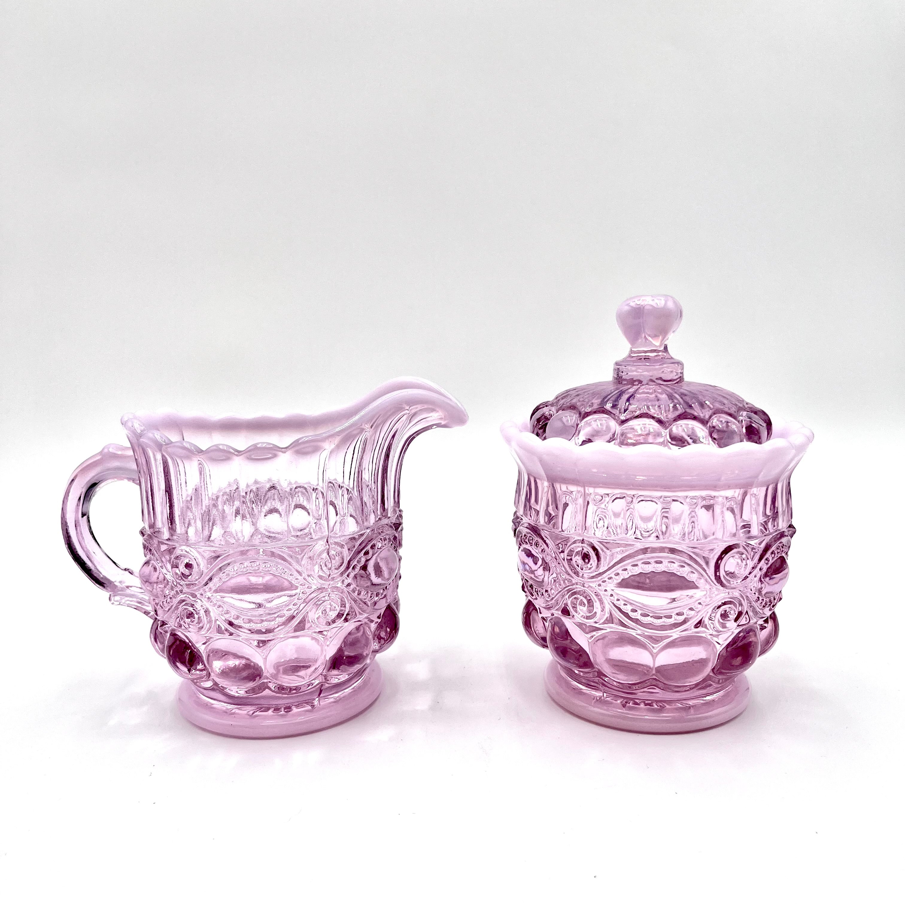 Mosser Glass Pink Opal Eye Winker Covered Sugar Bowl and Creamer Set
