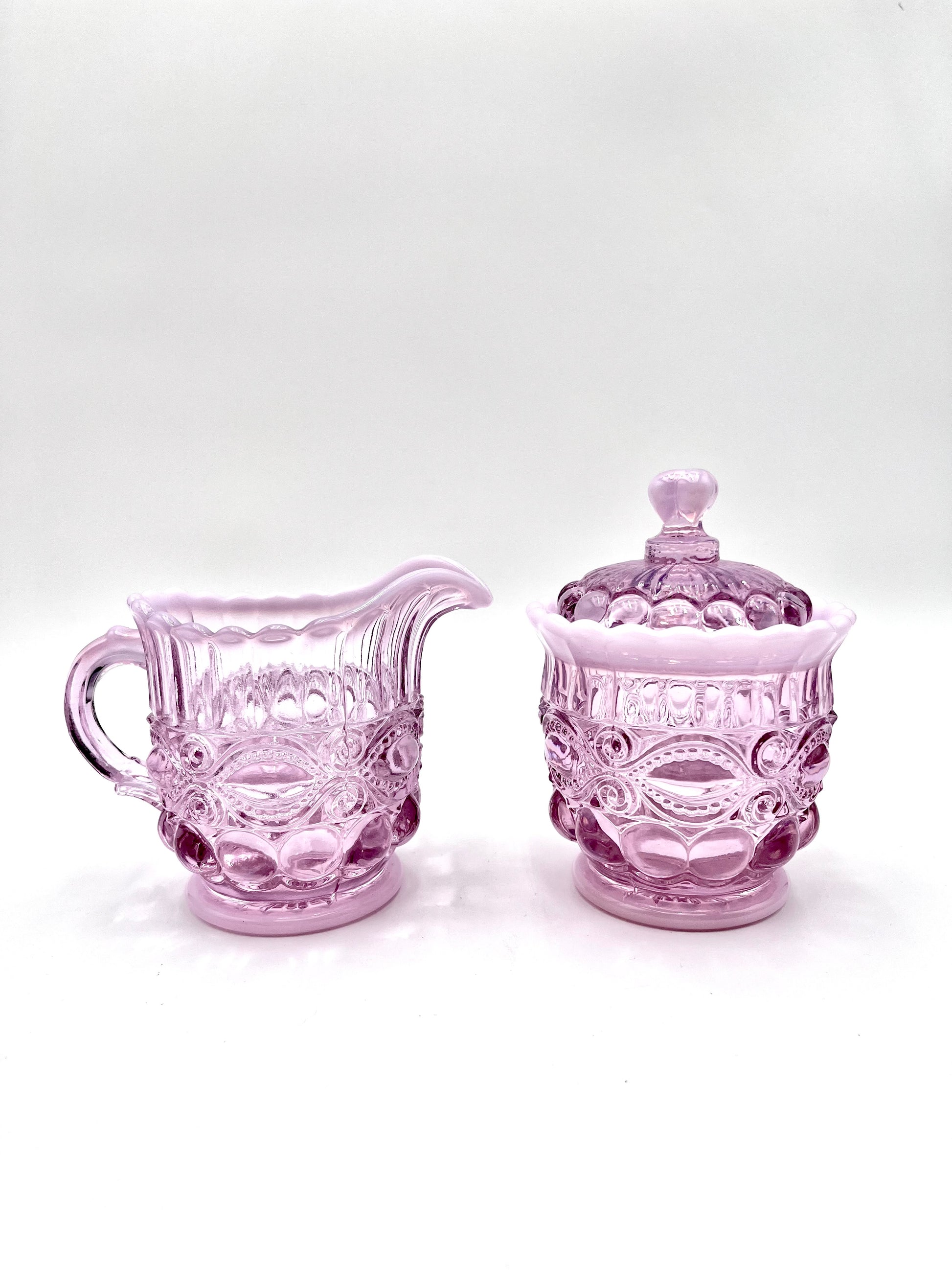 Mosser Glass Pink Opal Eye Winker Covered Sugar Bowl and Creamer Set