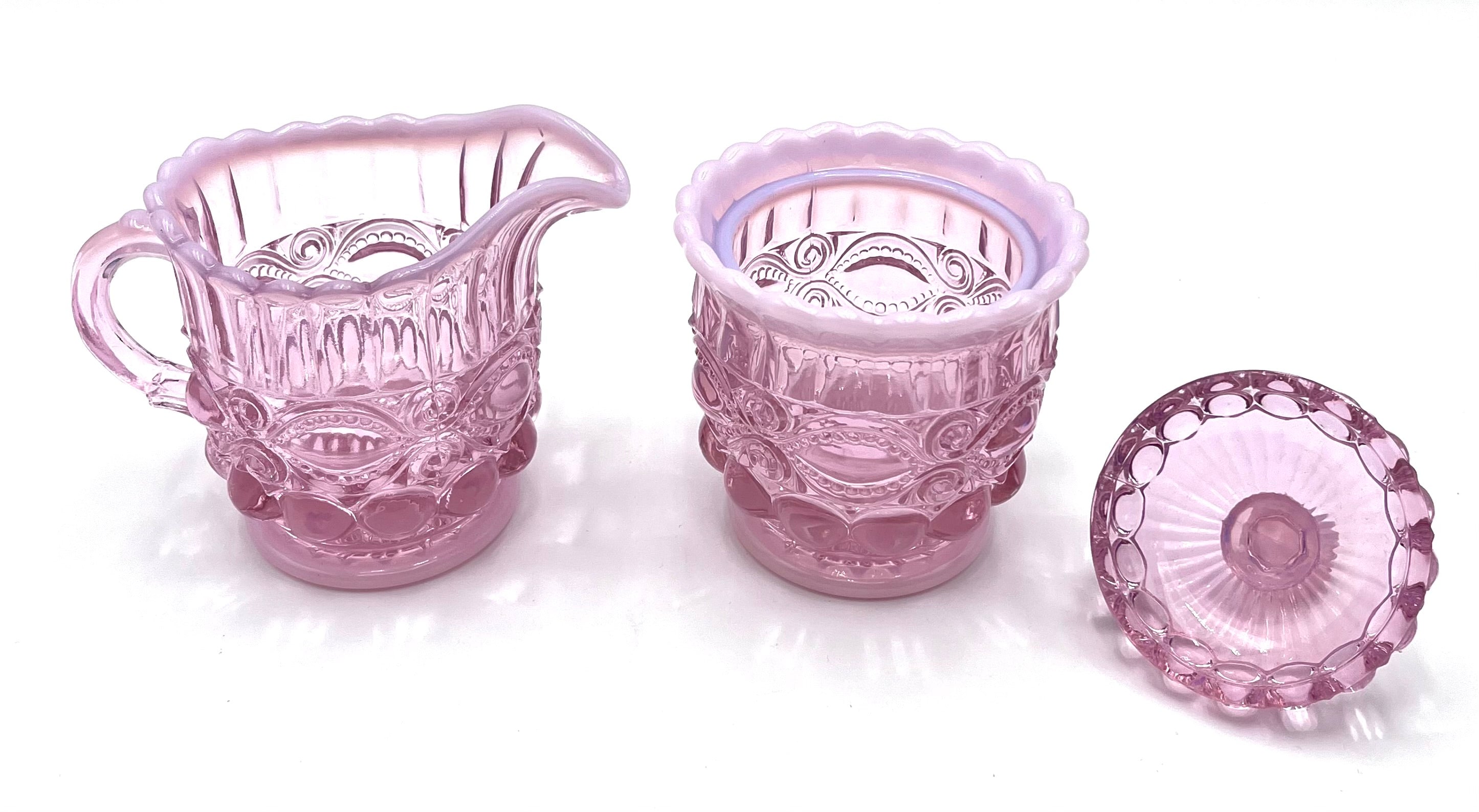 Mosser Glass Pink Opal Eye Winker Covered Sugar Bowl and Creamer Set
