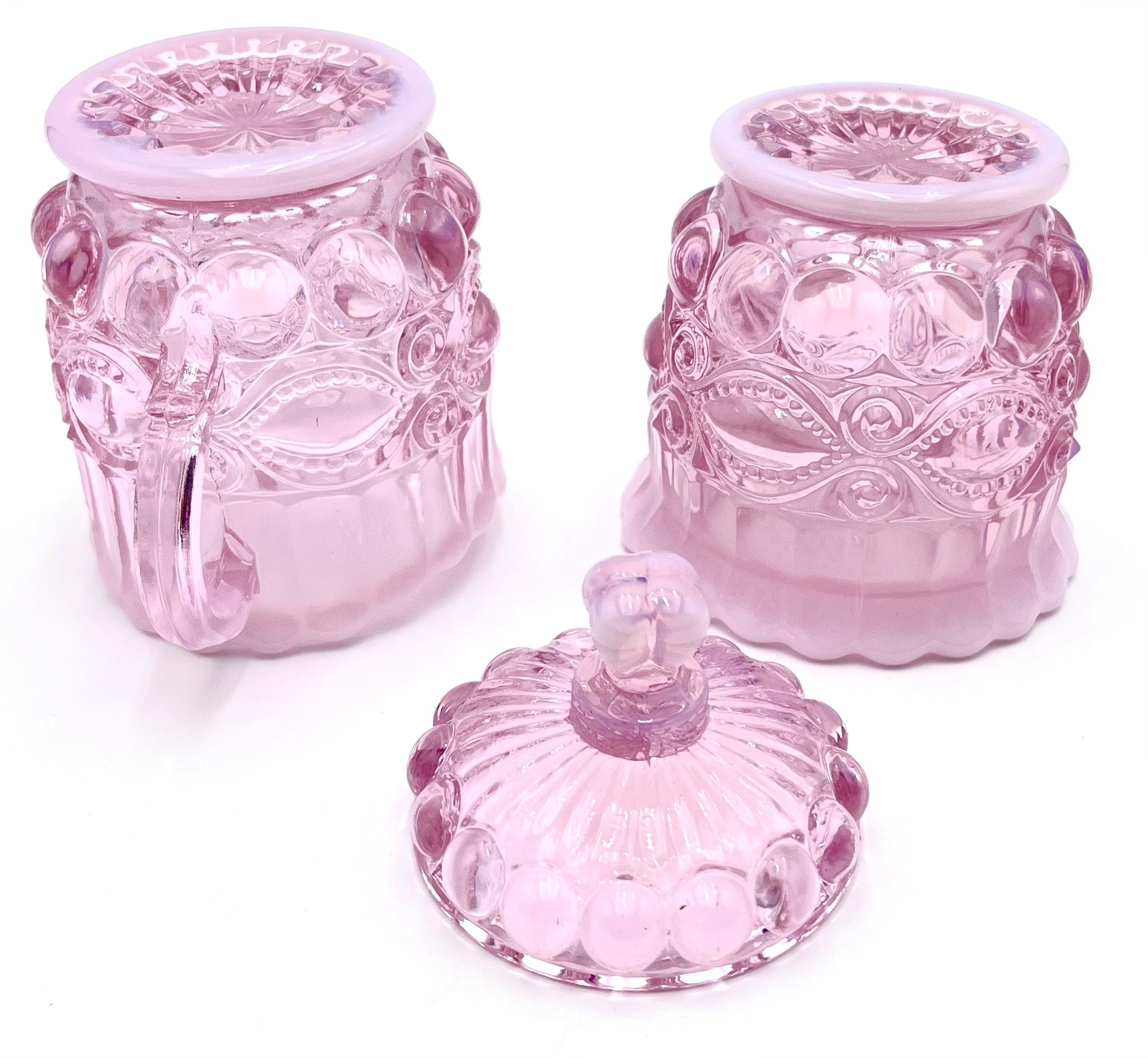 Mosser Glass Pink Opal Eye Winker Covered Sugar Bowl and Creamer Set