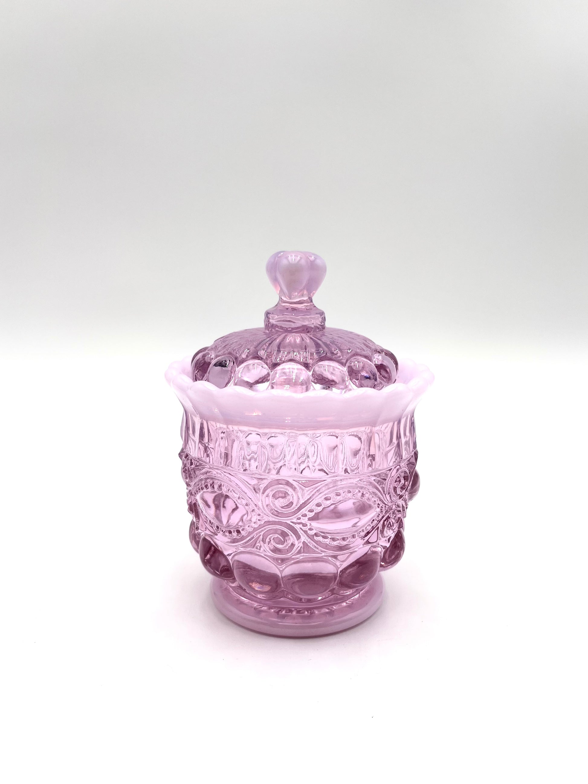 Mosser Glass Pink Opal Eye Winker Covered Sugar Bowl and Creamer Set