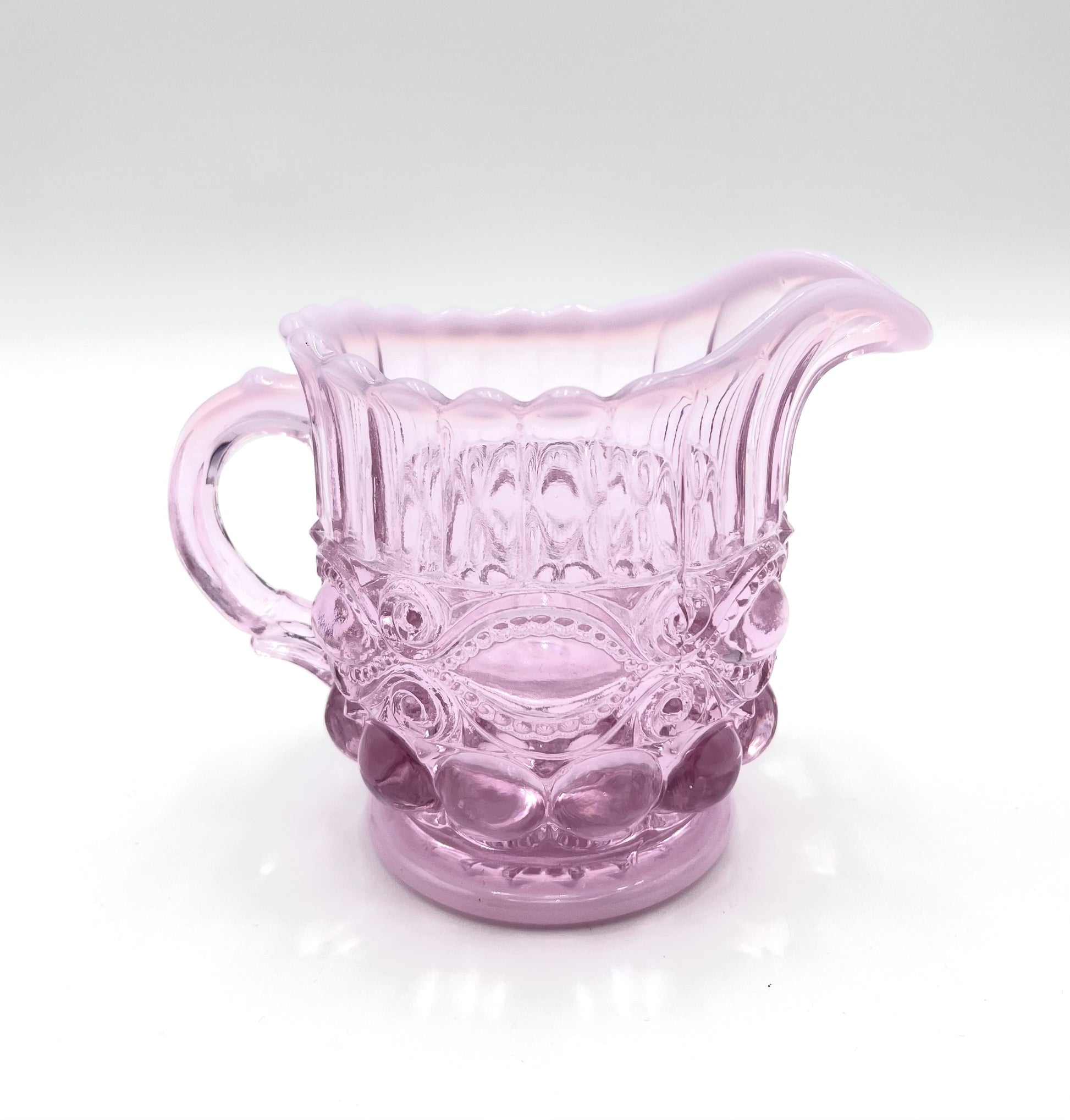 Mosser Glass Pink Opal Eye Winker Covered Sugar Bowl and Creamer Set