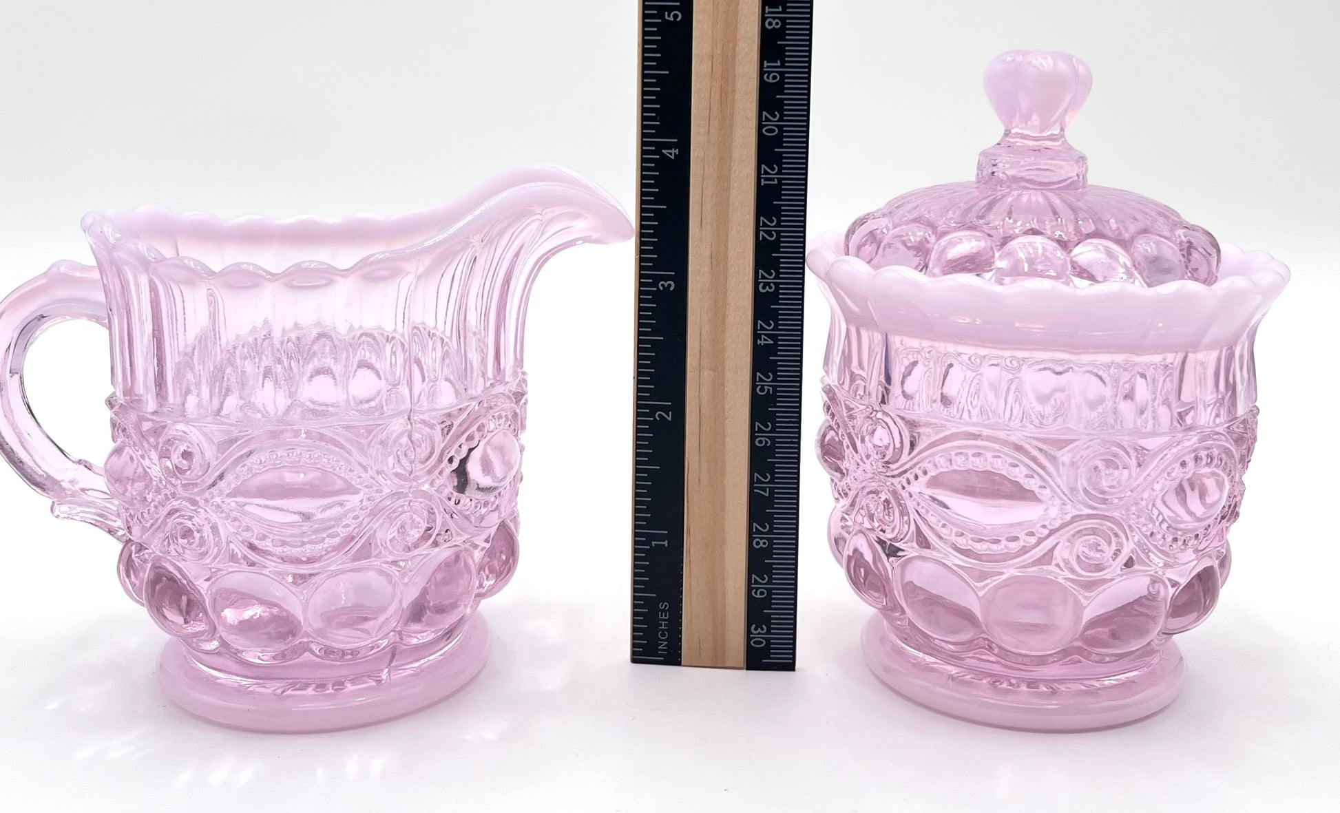Mosser Glass Pink Opal Eye Winker Covered Sugar Bowl and Creamer Set