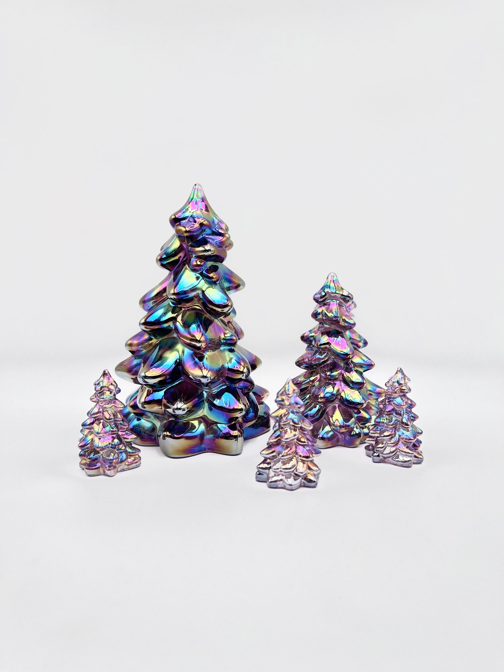 Mosser Glass Trees Sugar Plum Carnival Set of 5 Trees, 1 Large, 1 Medium and 3 Small Tree Collection Pressed Glass Pine Tree