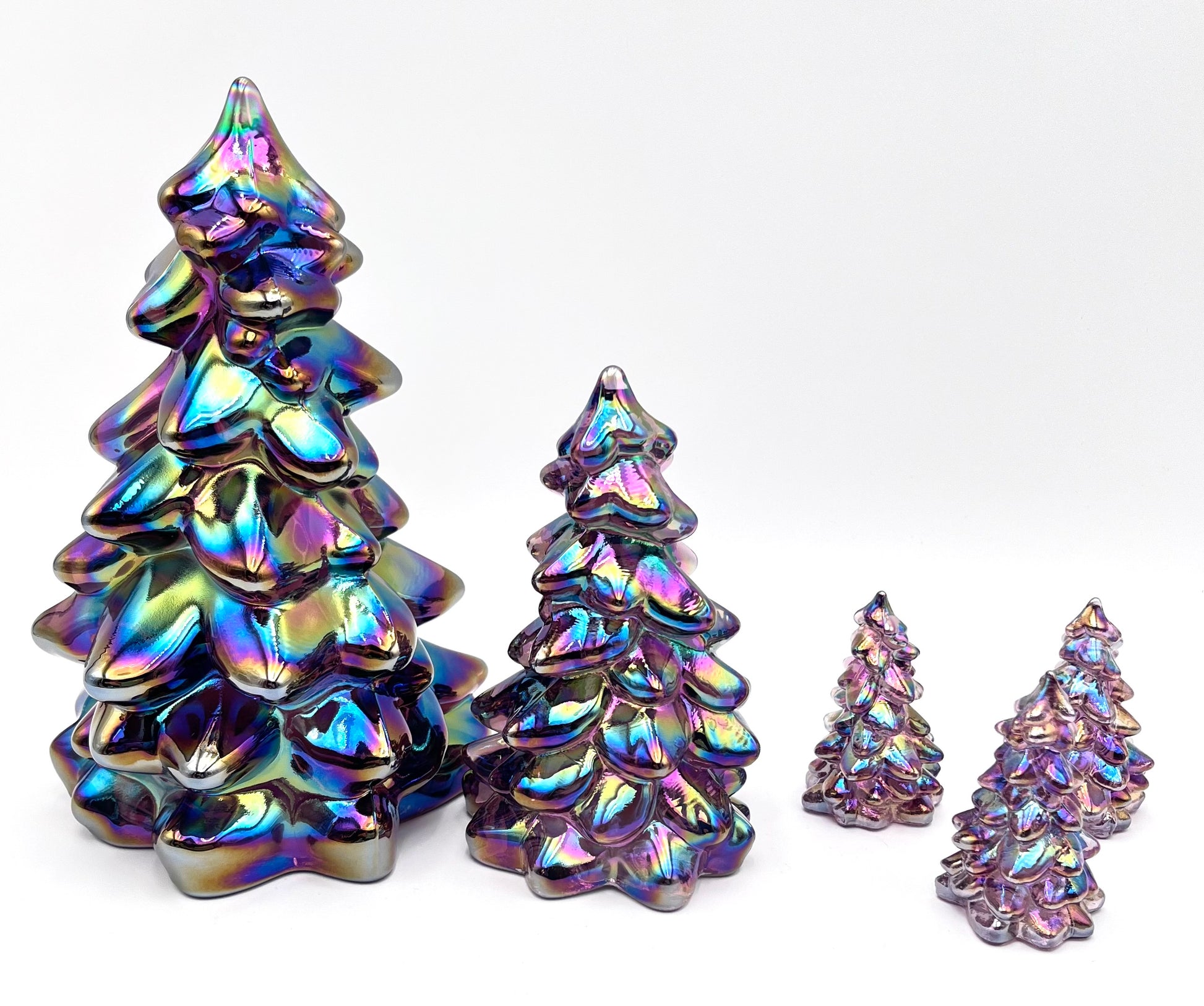 Mosser Glass Trees Sugar Plum Carnival Set of 5 Trees, 1 Large, 1 Medium and 3 Small Tree Collection Pressed Glass Pine Tree