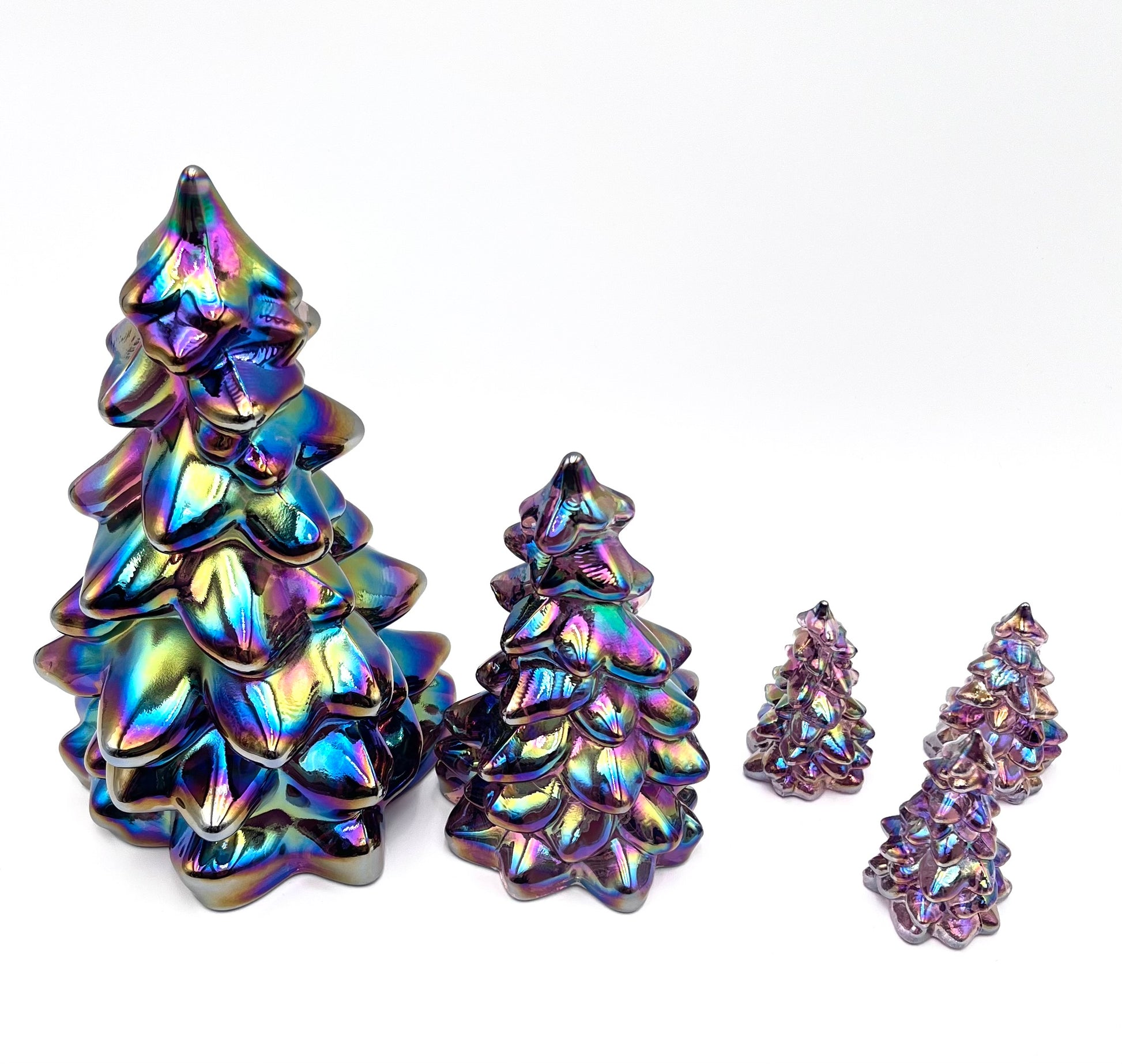 Mosser Glass Trees Sugar Plum Carnival Set of 5 Trees, 1 Large, 1 Medium and 3 Small Tree Collection Pressed Glass Pine Tree