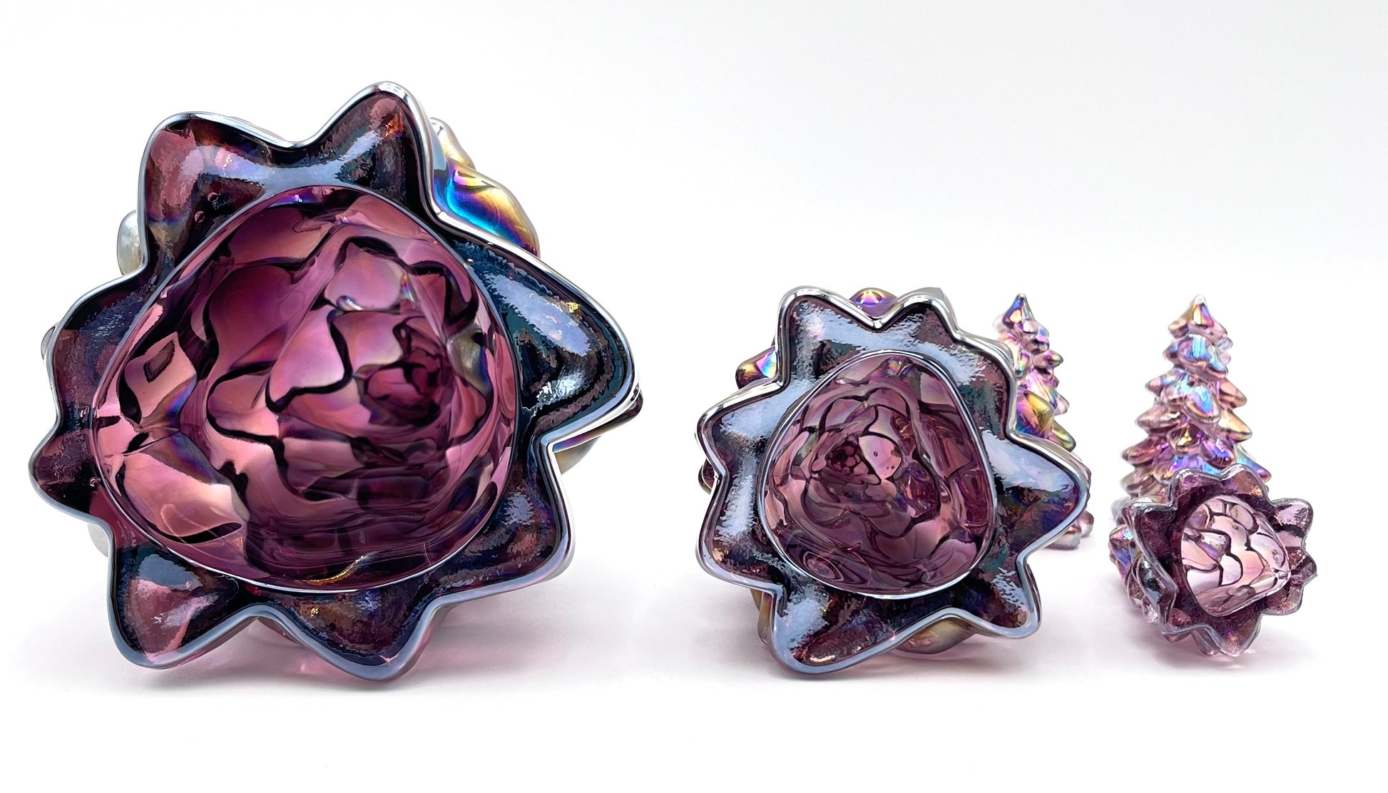 Mosser Glass Trees Sugar Plum Carnival Set of 5 Trees, 1 Large, 1 Medium and 3 Small Tree Collection Pressed Glass Pine Tree