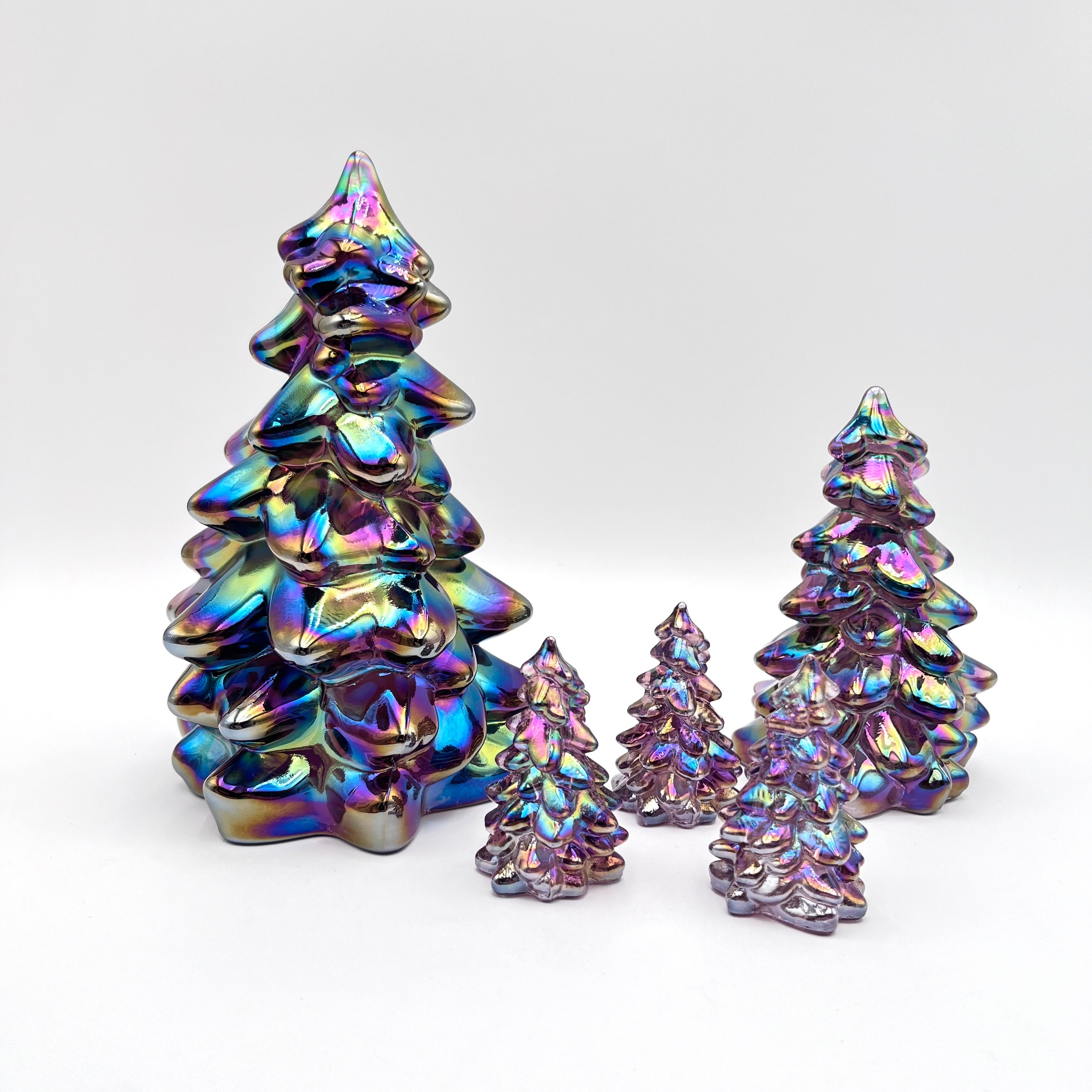 Mosser Glass Trees Sugar Plum Carnival Set of 5 Trees, 1 Large, 1 Medium and 3 Small Tree Collection Pressed Glass Pine Tree