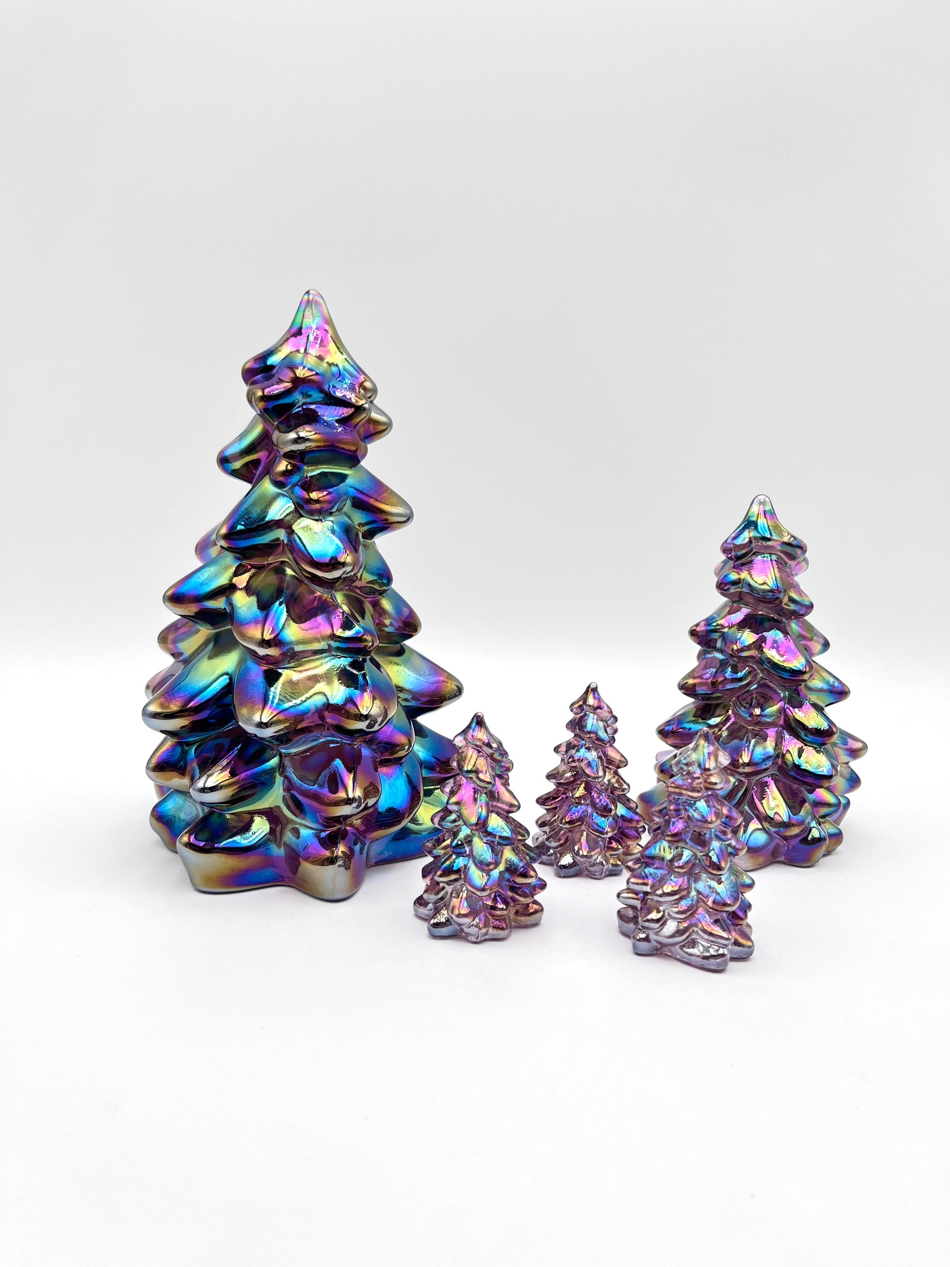 Mosser Glass Trees Sugar Plum Carnival Set of 5 Trees, 1 Large, 1 Medium and 3 Small Tree Collection Pressed Glass Pine Tree