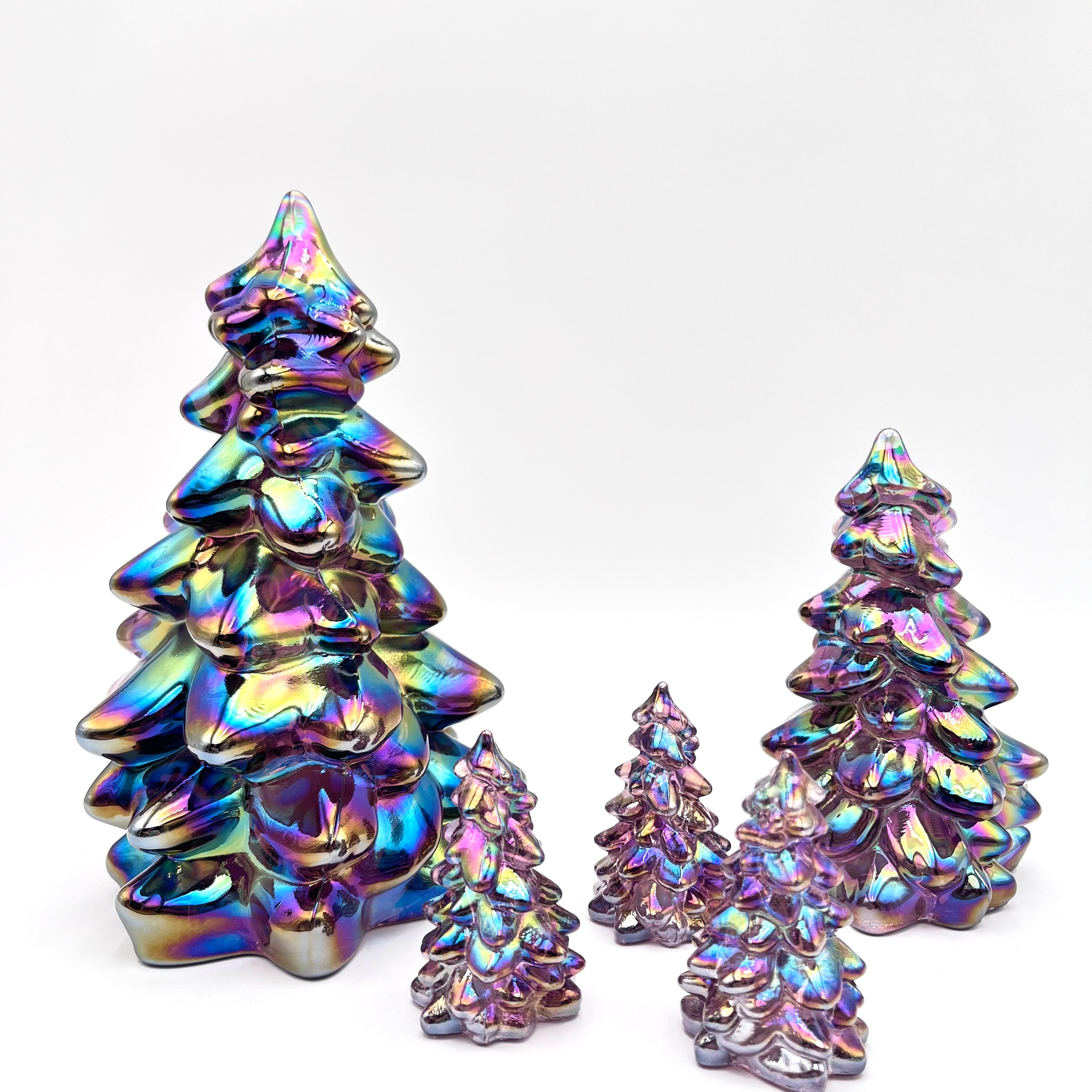 Mosser Glass Trees Sugar Plum Carnival Set of 5 Trees, 1 Large, 1 Medium and 3 Small Tree Collection Pressed Glass Pine Tree