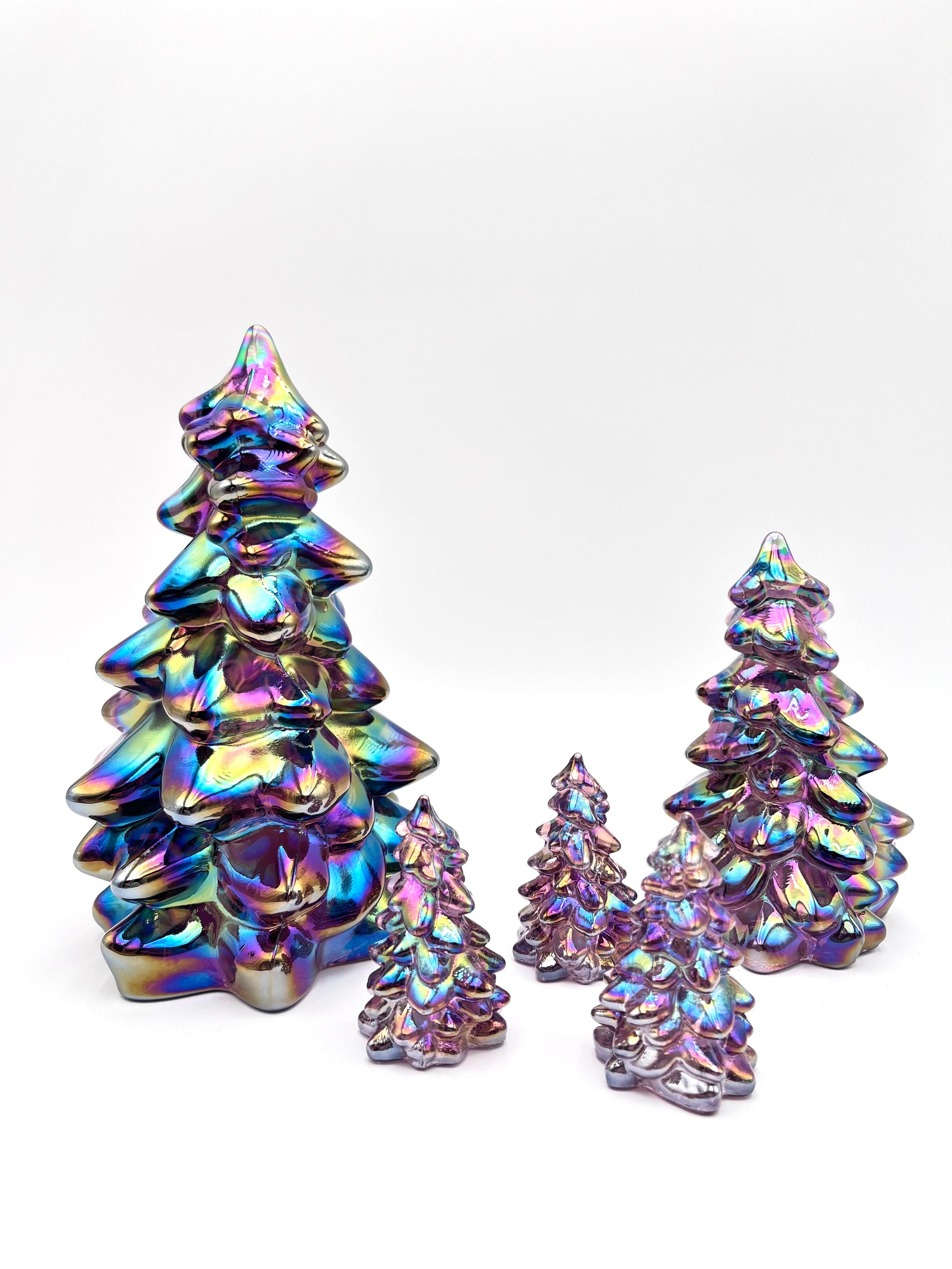 Mosser Glass Trees Sugar Plum Carnival Set of 5 Trees, 1 Large, 1 Medium and 3 Small Tree Collection Pressed Glass Pine Tree