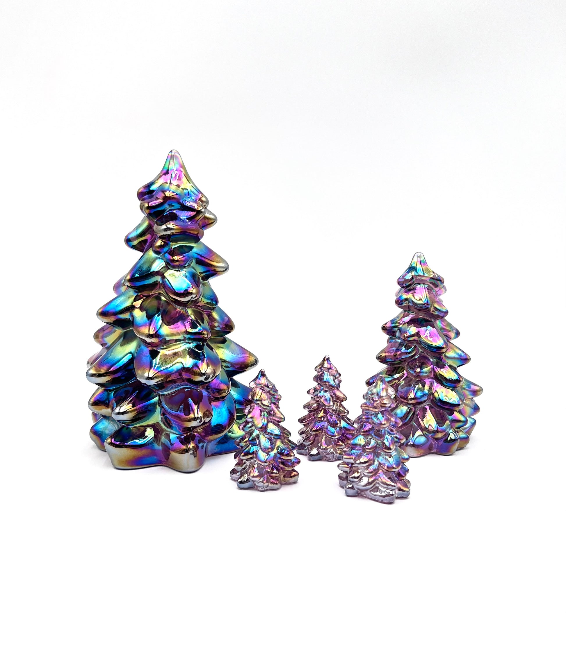 Mosser Glass Trees Sugar Plum Carnival Set of 5 Trees, 1 Large, 1 Medium and 3 Small Tree Collection Pressed Glass Pine Tree