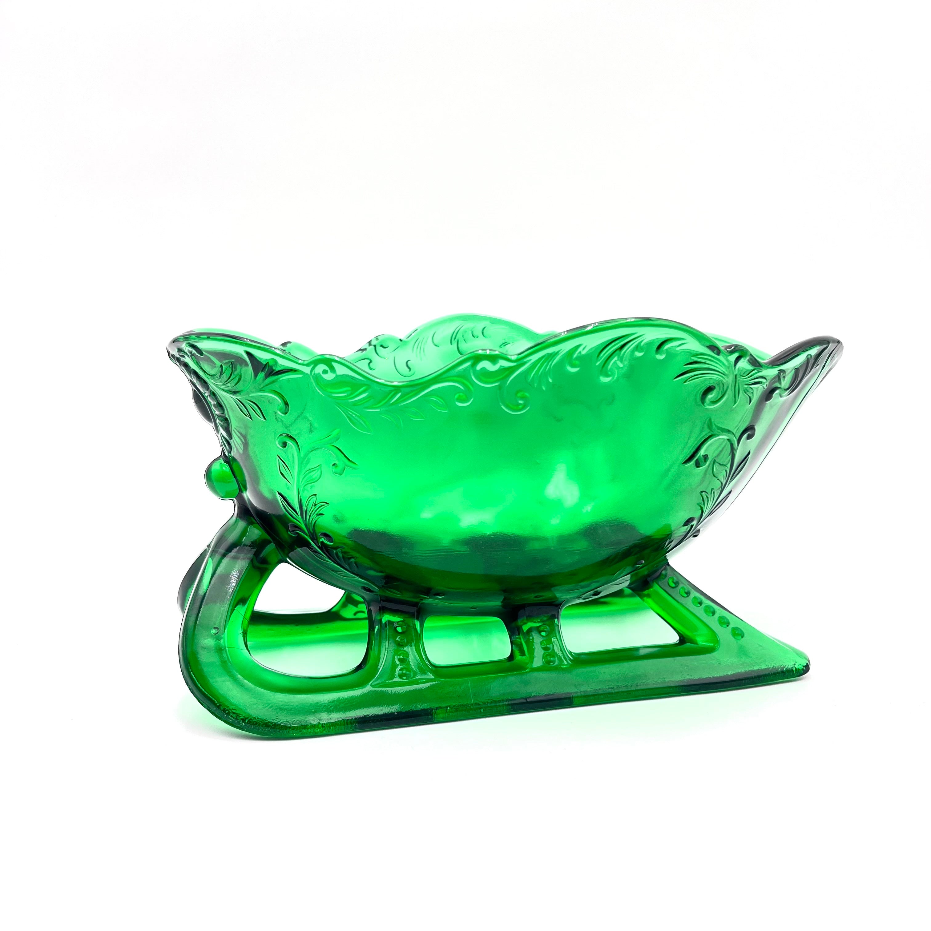 Hunter Green Sleigh by Mosser Glass 9-1/4" Long by 6" Wide, Jadeite Horse Drawn Sleigh, Christmas, Holiday Centerpiece