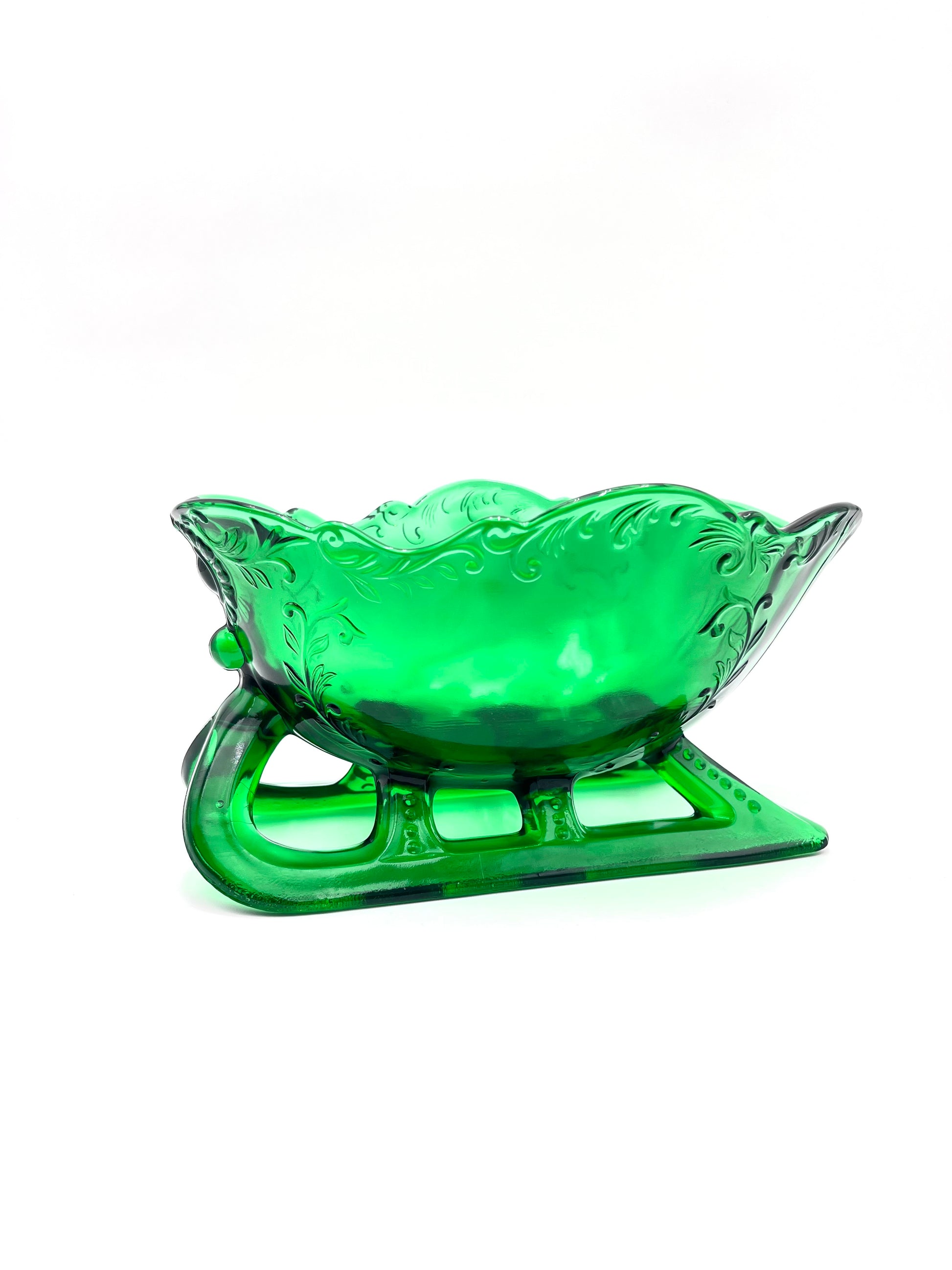 Hunter Green Sleigh by Mosser Glass 9-1/4" Long by 6" Wide, Jadeite Horse Drawn Sleigh, Christmas, Holiday Centerpiece