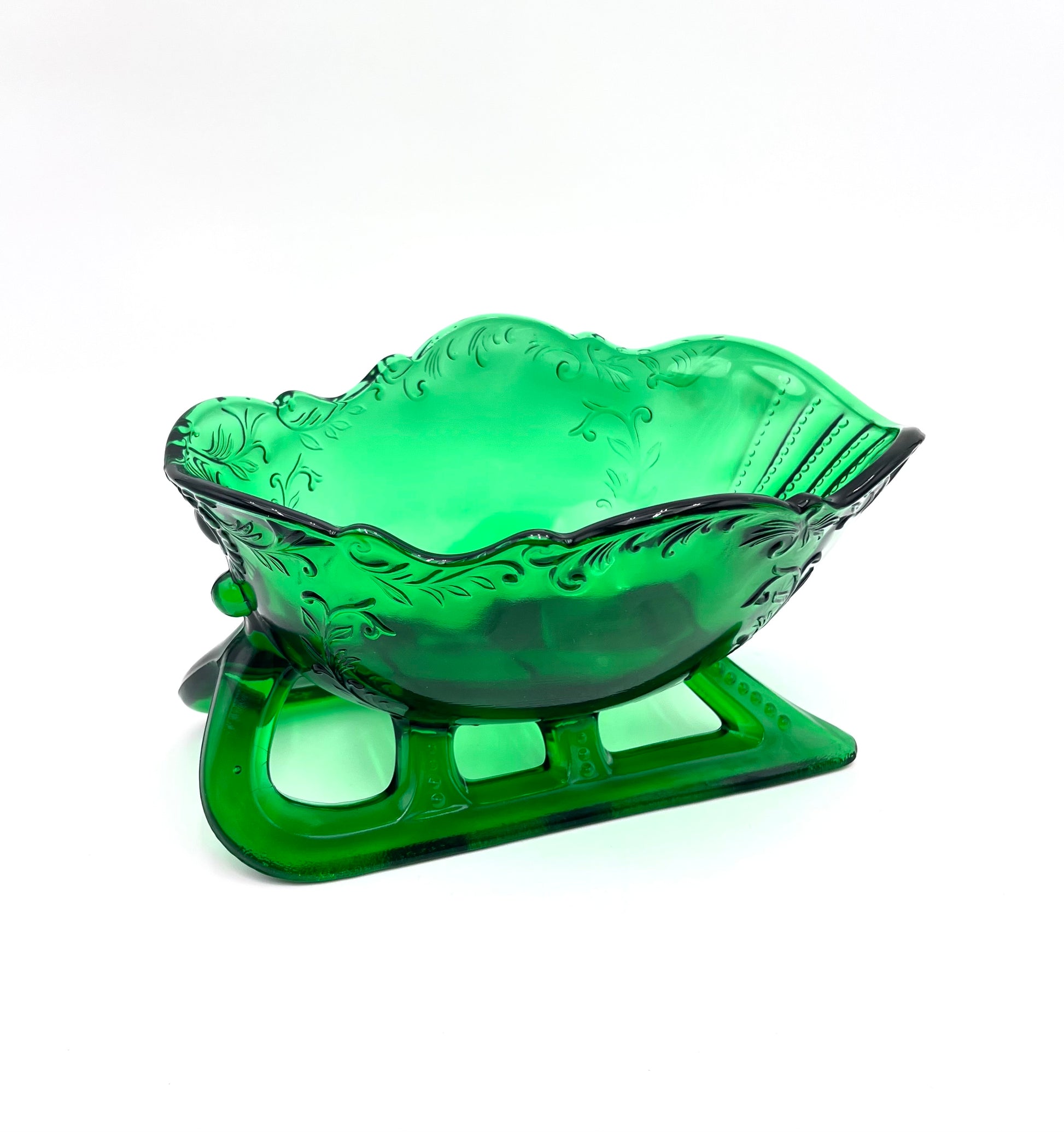 Hunter Green Sleigh by Mosser Glass 9-1/4" Long by 6" Wide, Jadeite Horse Drawn Sleigh, Christmas, Holiday Centerpiece
