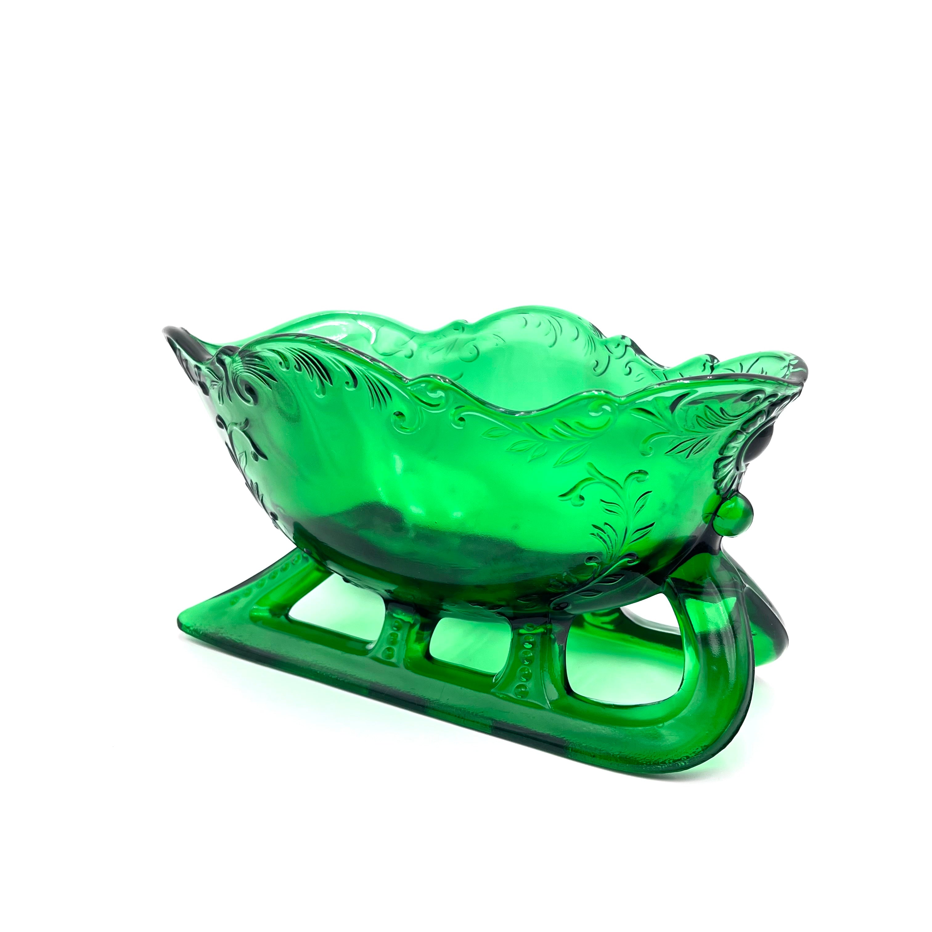 Hunter Green Sleigh by Mosser Glass 9-1/4" Long by 6" Wide, Jadeite Horse Drawn Sleigh, Christmas, Holiday Centerpiece