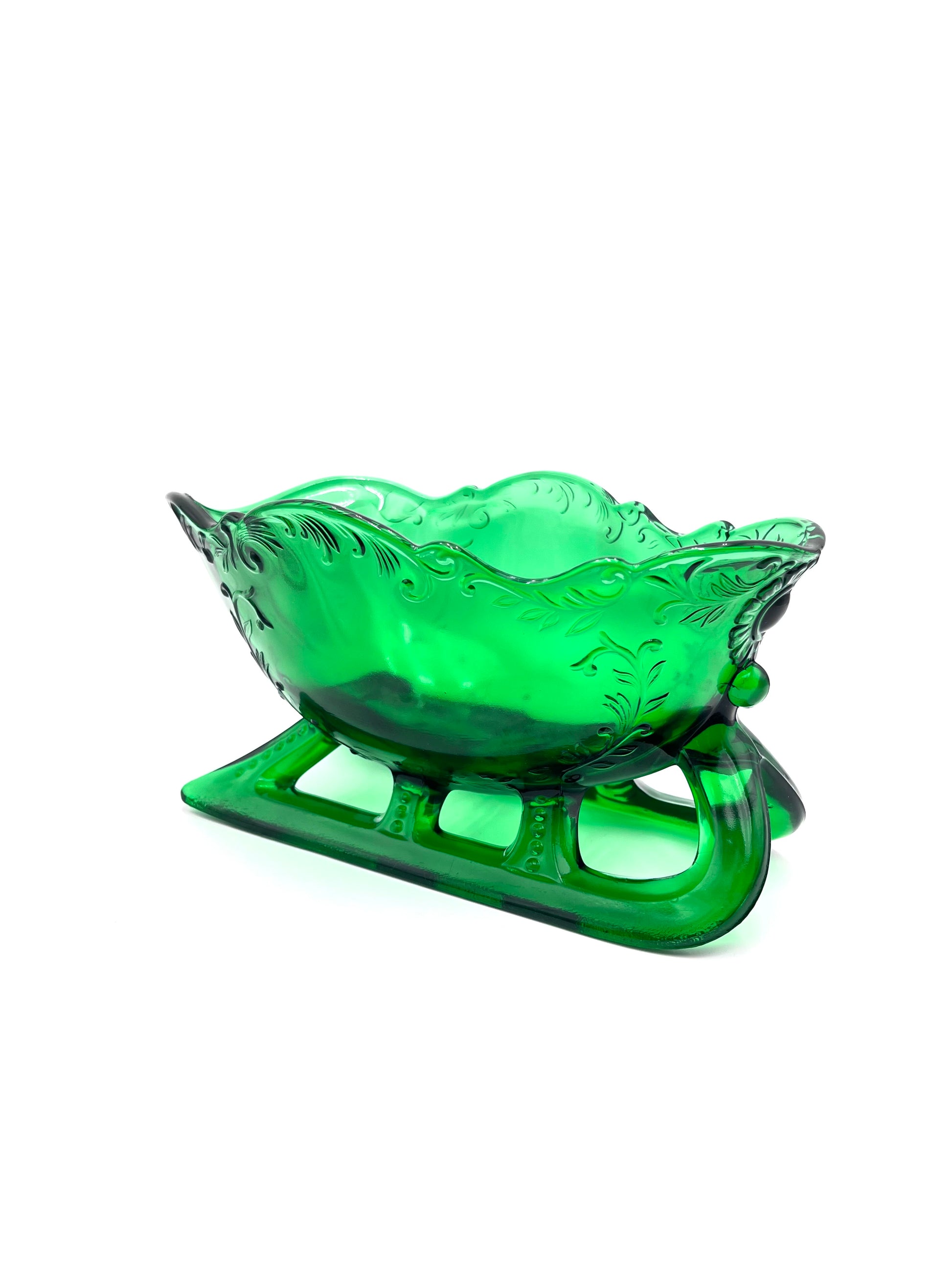 Hunter Green Sleigh by Mosser Glass 9-1/4" Long by 6" Wide, Jadeite Horse Drawn Sleigh, Christmas, Holiday Centerpiece