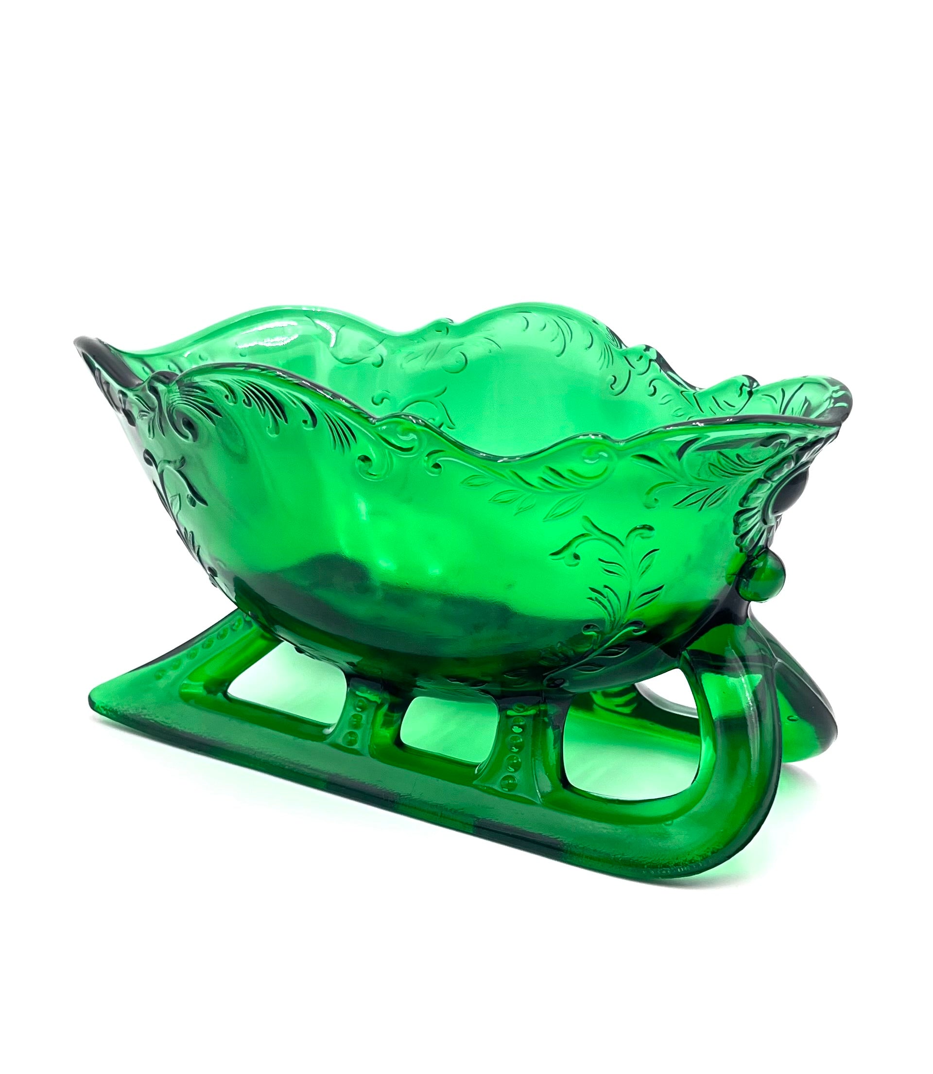 Hunter Green Sleigh by Mosser Glass 9-1/4" Long by 6" Wide, Jadeite Horse Drawn Sleigh, Christmas, Holiday Centerpiece