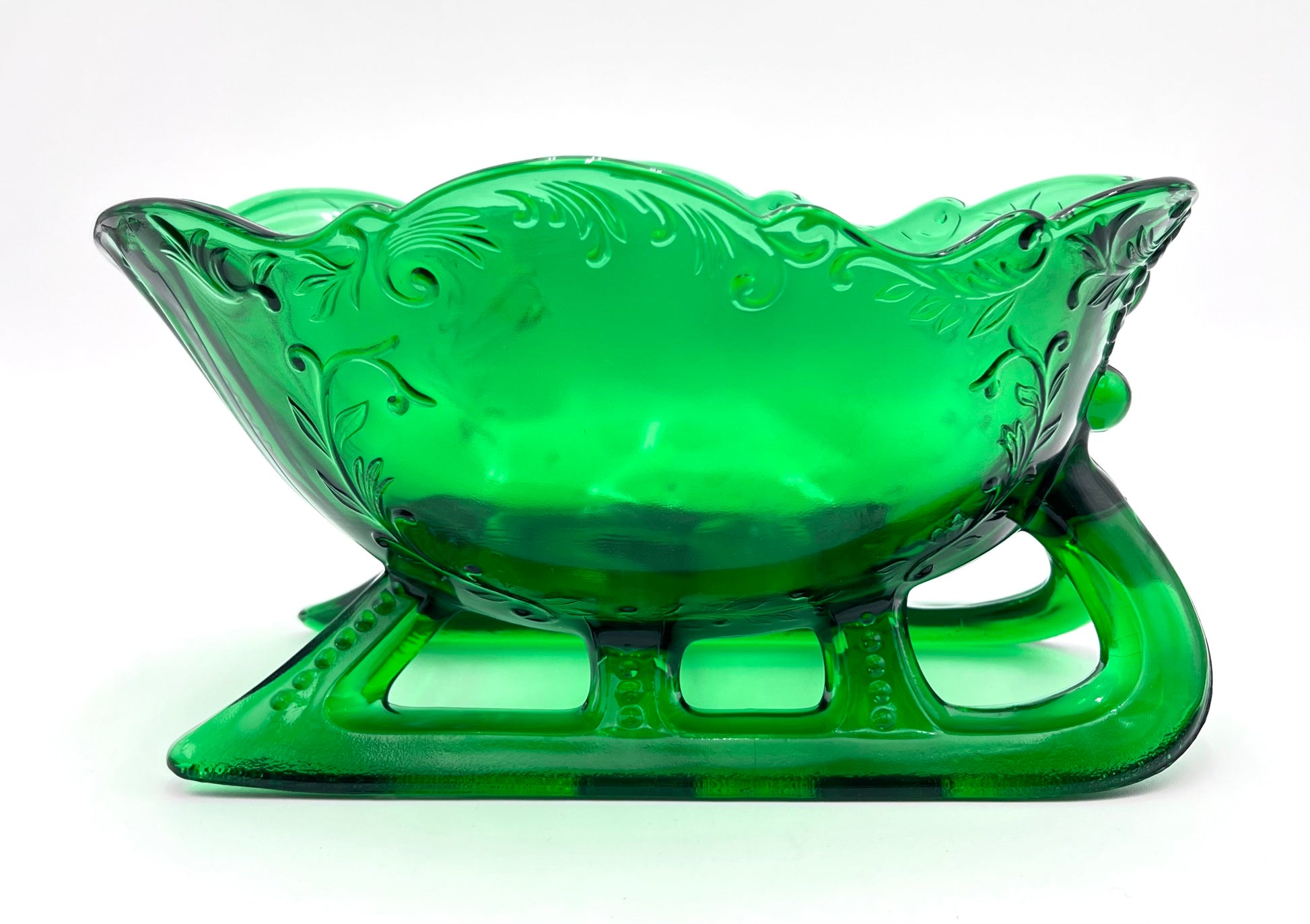 Hunter Green Sleigh by Mosser Glass 9-1/4" Long by 6" Wide, Jadeite Horse Drawn Sleigh, Christmas, Holiday Centerpiece