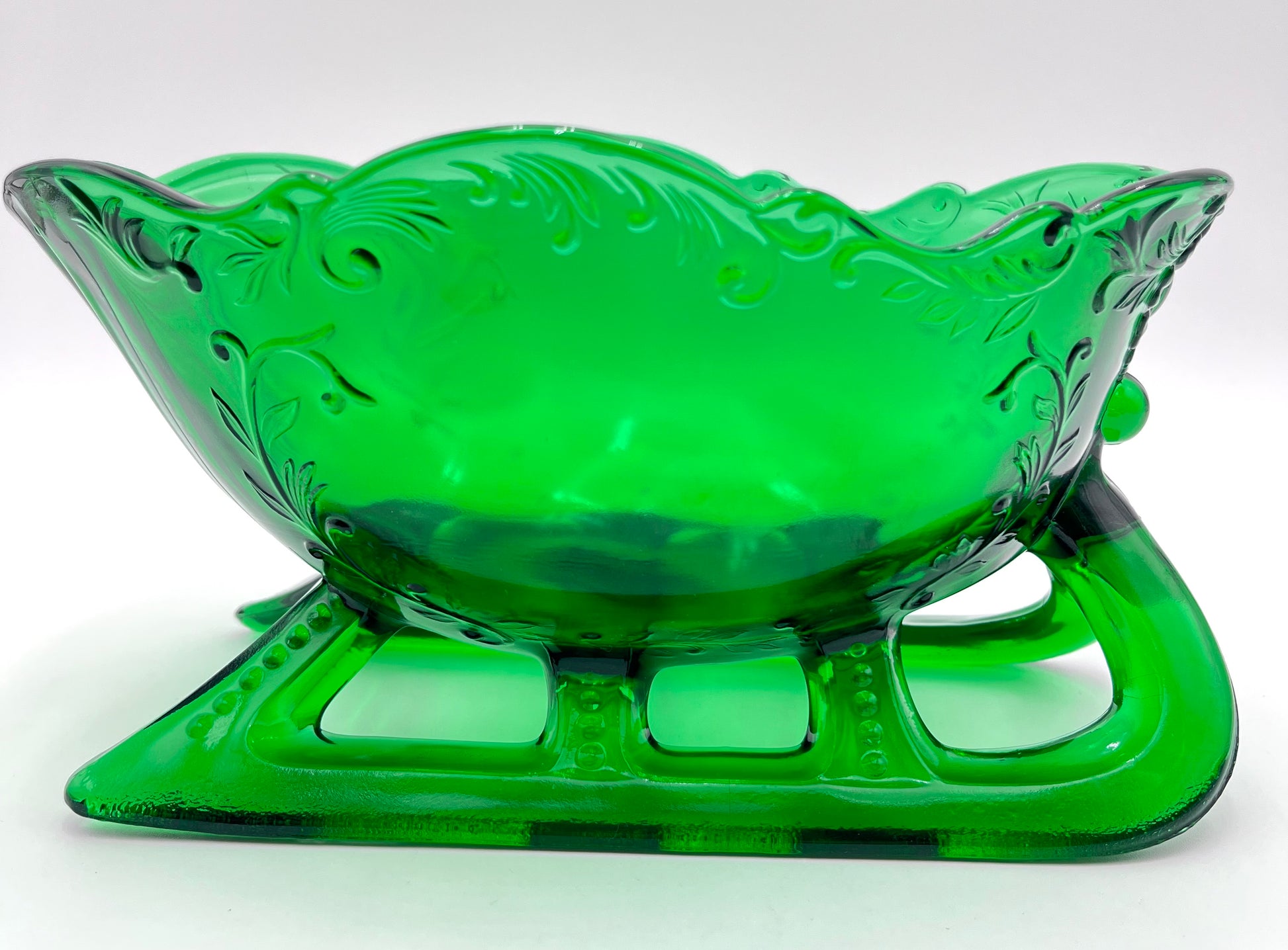 Hunter Green Sleigh by Mosser Glass 9-1/4" Long by 6" Wide, Jadeite Horse Drawn Sleigh, Christmas, Holiday Centerpiece