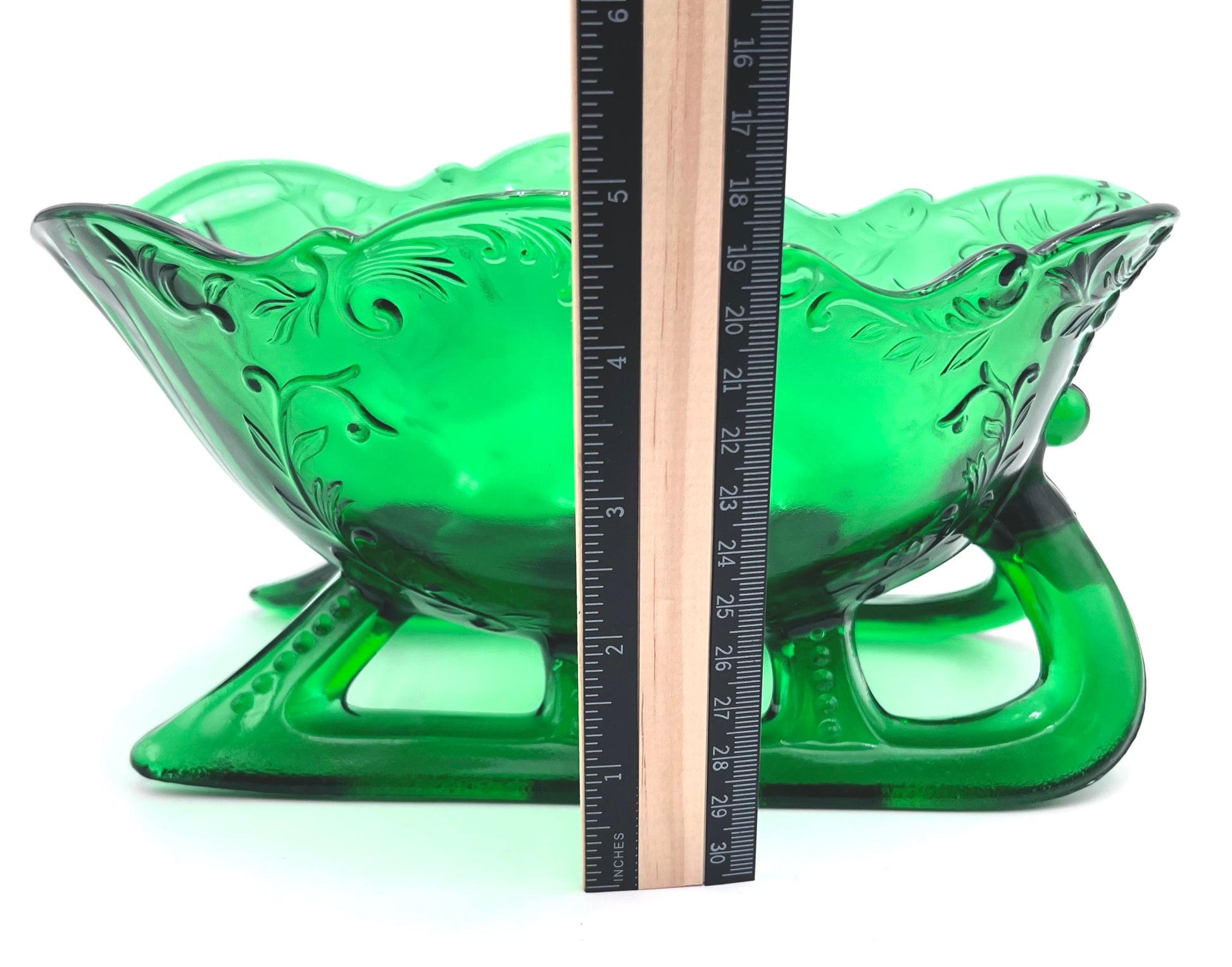 Hunter Green Sleigh by Mosser Glass 9-1/4" Long by 6" Wide, Jadeite Horse Drawn Sleigh, Christmas, Holiday Centerpiece