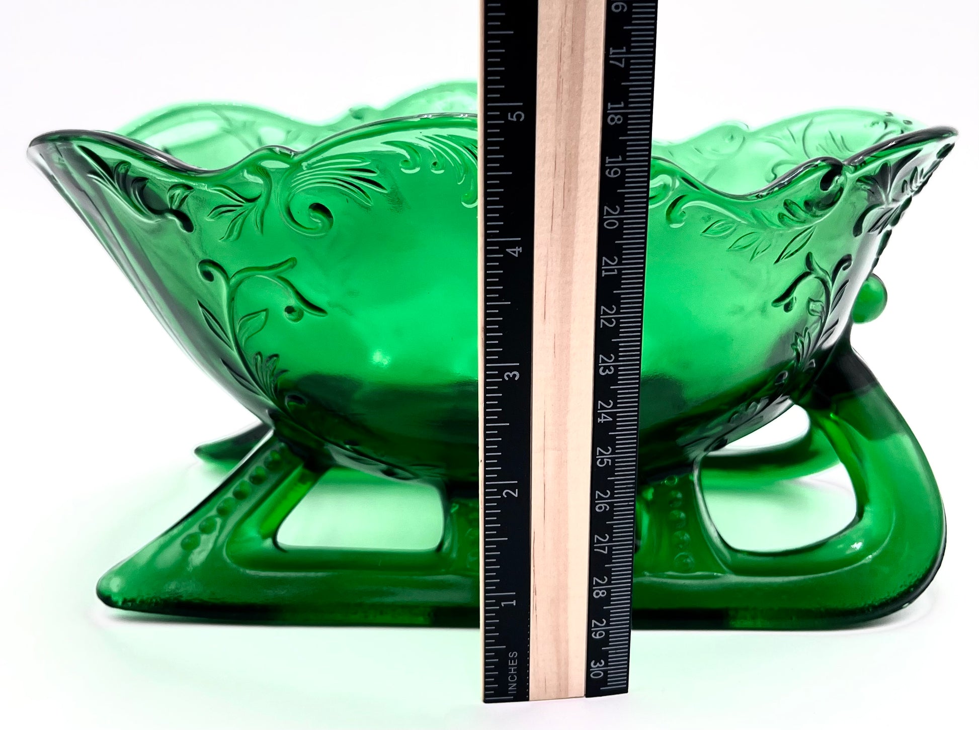 Hunter Green Sleigh by Mosser Glass 9-1/4" Long by 6" Wide, Jadeite Horse Drawn Sleigh, Christmas, Holiday Centerpiece