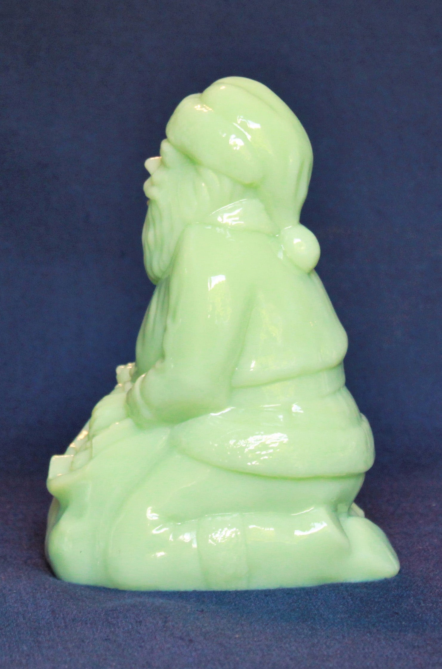 Mosser Kneeling Santa in Jadeite, 6-1/2" high, 4-7/8" long and 3-1/2" deep