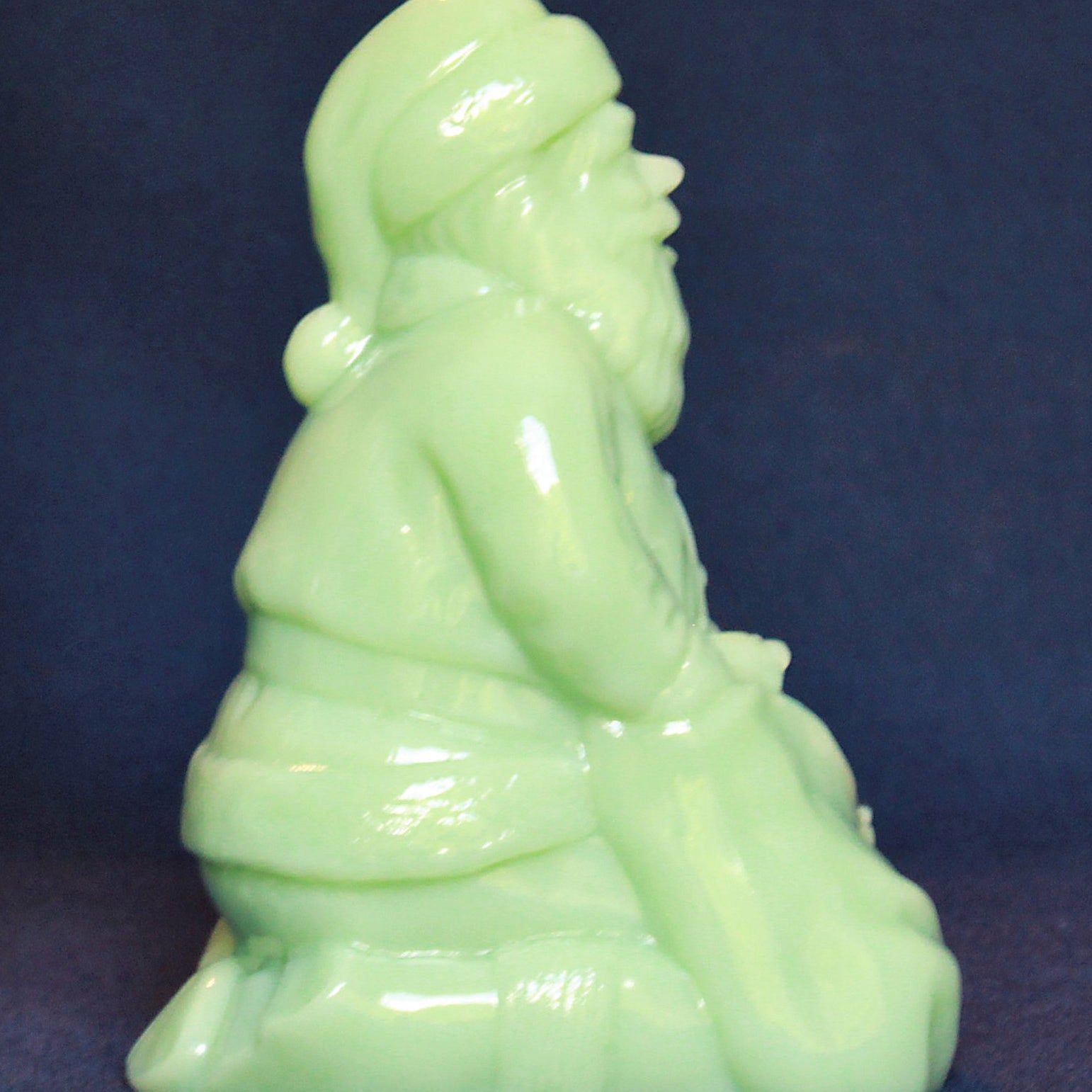 Mosser Kneeling Santa in Jadeite, 6-1/2" high, 4-7/8" long and 3-1/2" deep
