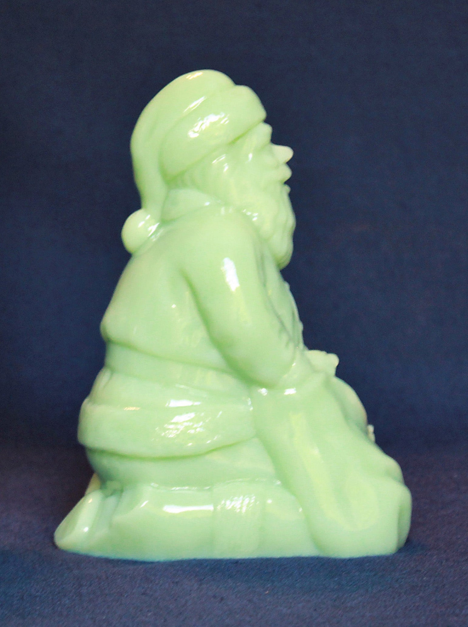 Mosser Kneeling Santa in Jadeite, 6-1/2" high, 4-7/8" long and 3-1/2" deep