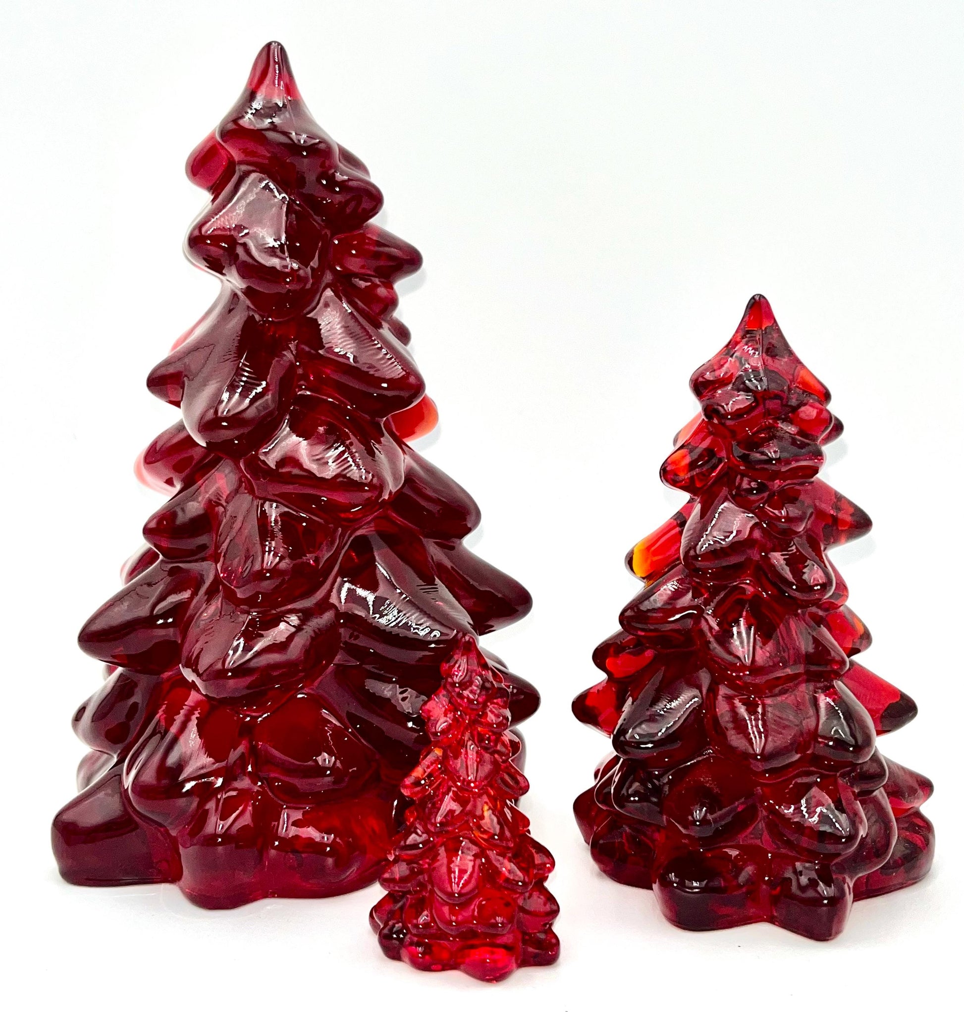 Mosser Red Trees, Set of 3 Trees, 8" Tree, 5-1/2" and 2-1/2" Hand Pressed Glass Pine Tree