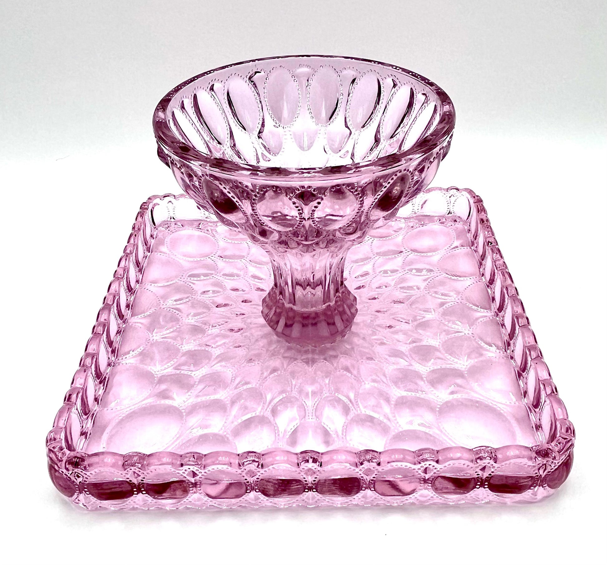 Mosser Pink Cake Stand or Cake Plate 10" Square Elizabeth Quilted Pedestal Cake Plate Wedding, Shower, Cupcakes