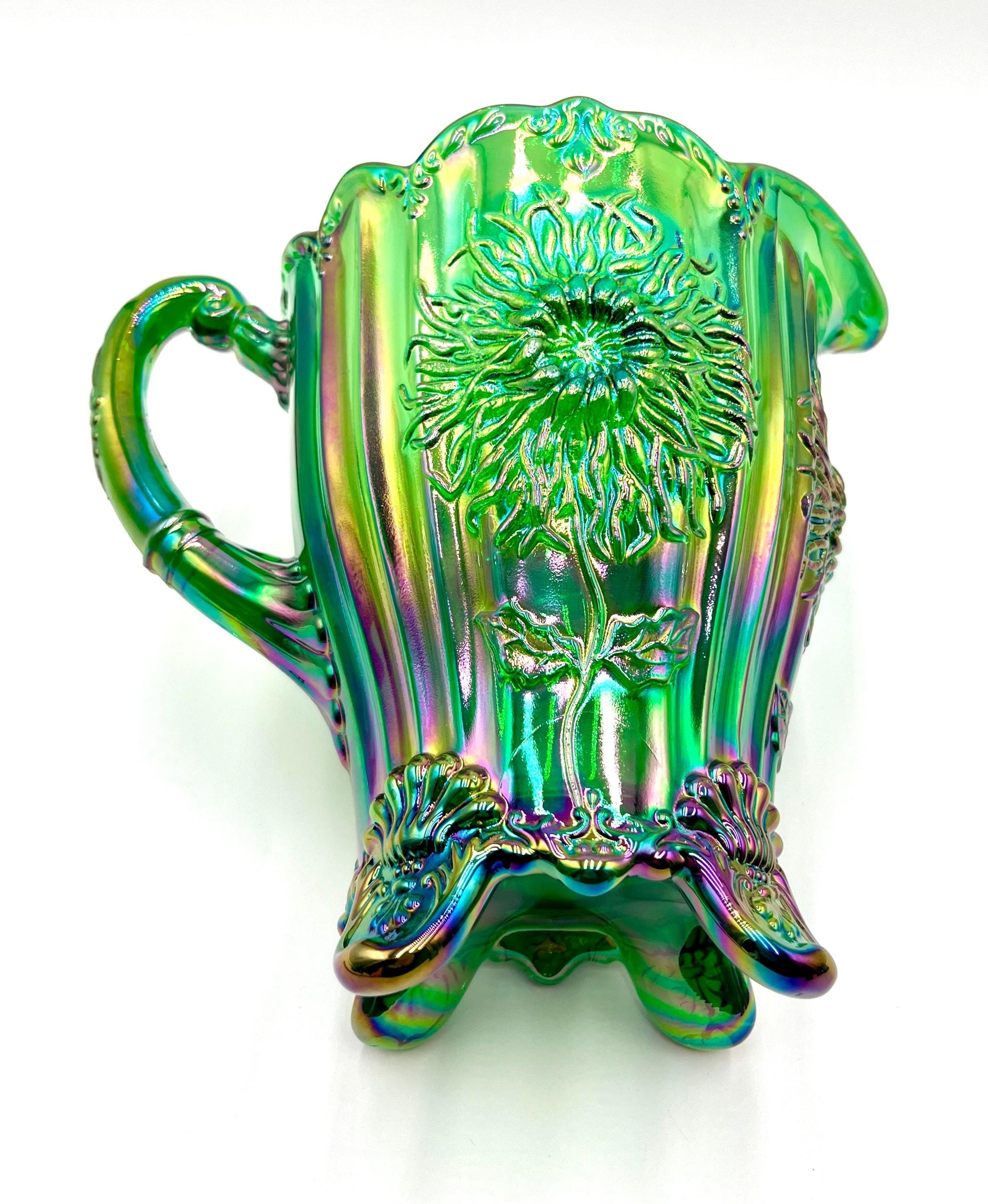 Dahlia Pitcher Hunter Green Carnival by Mosser Glass