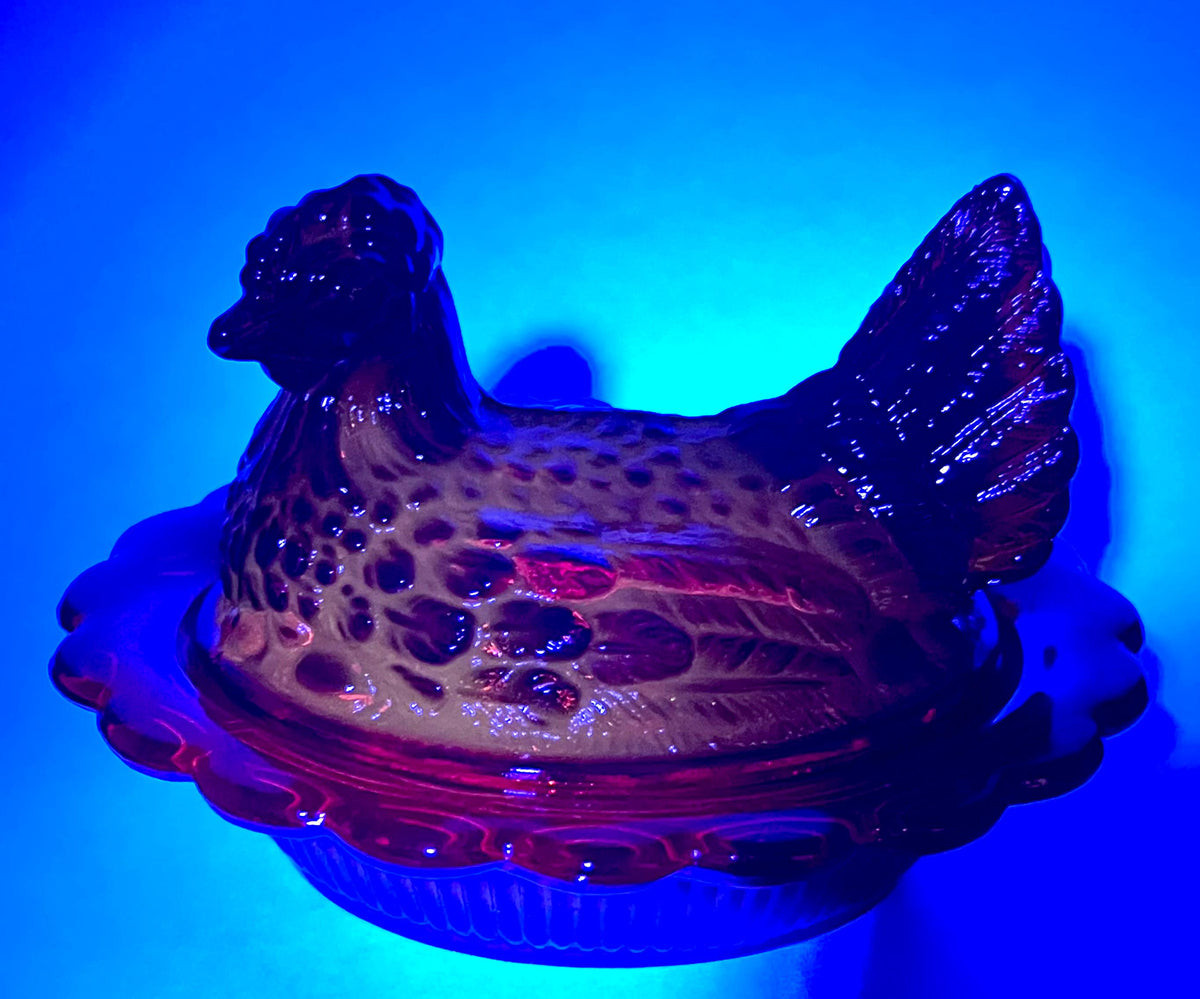 Mosser Red Hen on Nest Glows under UV Candy Dish 4" high, 6 5/8" long and 5 1/2" wide Marked Mosser Glass