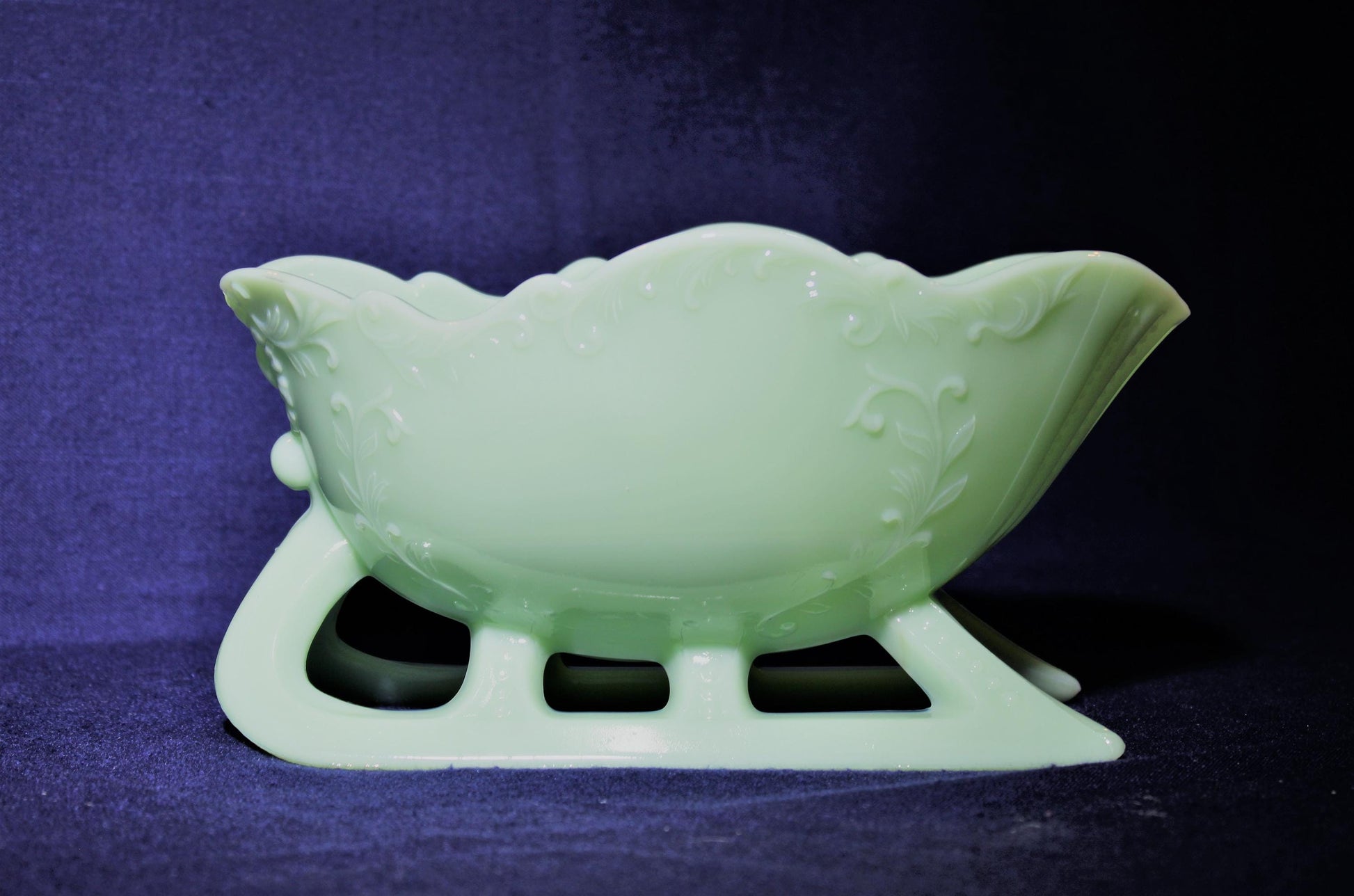 10 Pieces of JADEITE, Set of 7 Trees and Deer, Both Standing and Kneeling Santa, Jadeite Sleigh by Mosser Glass