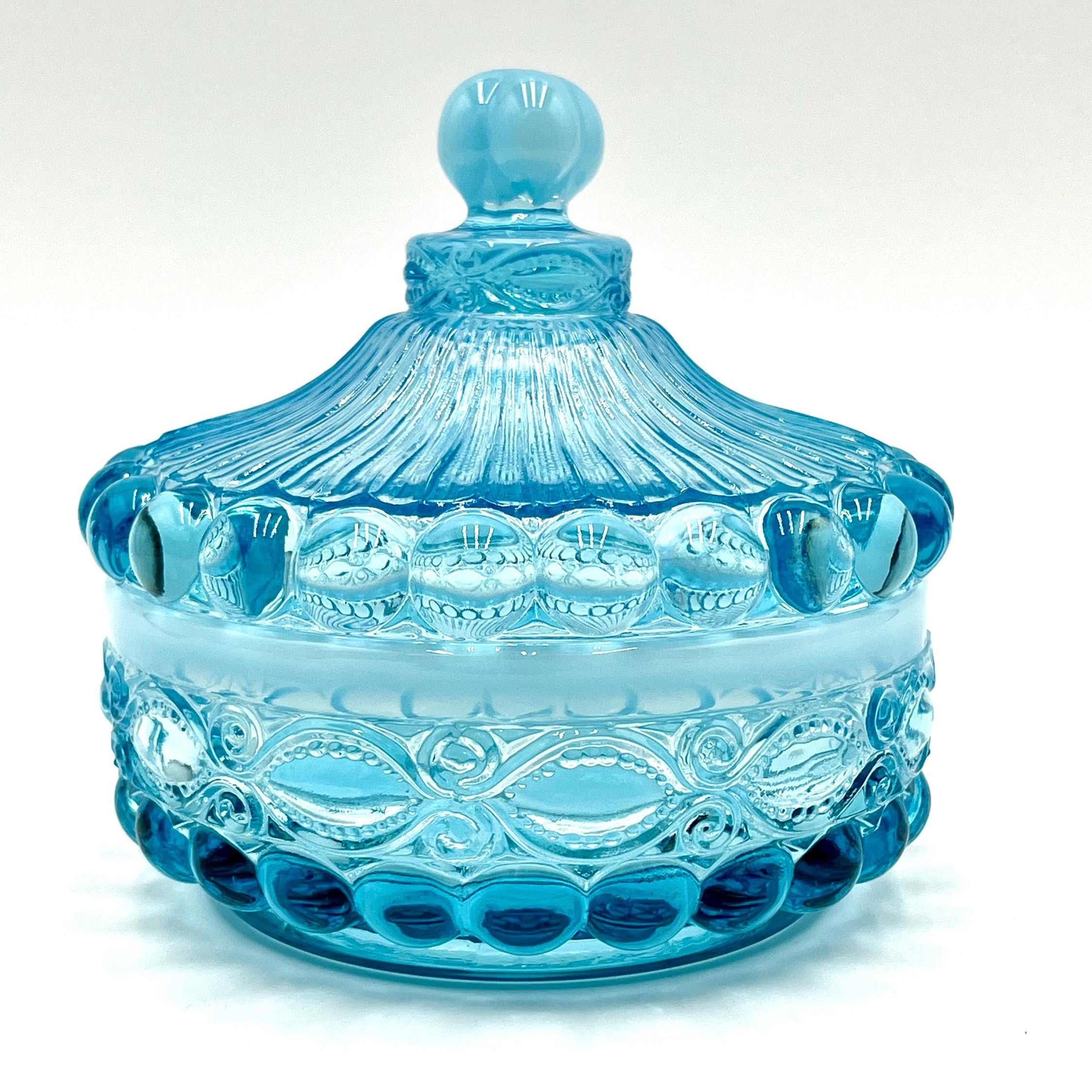 Mosser Glass Eye Winker Covered Candy or Nut Dish Blue Opal, Eye Winkler