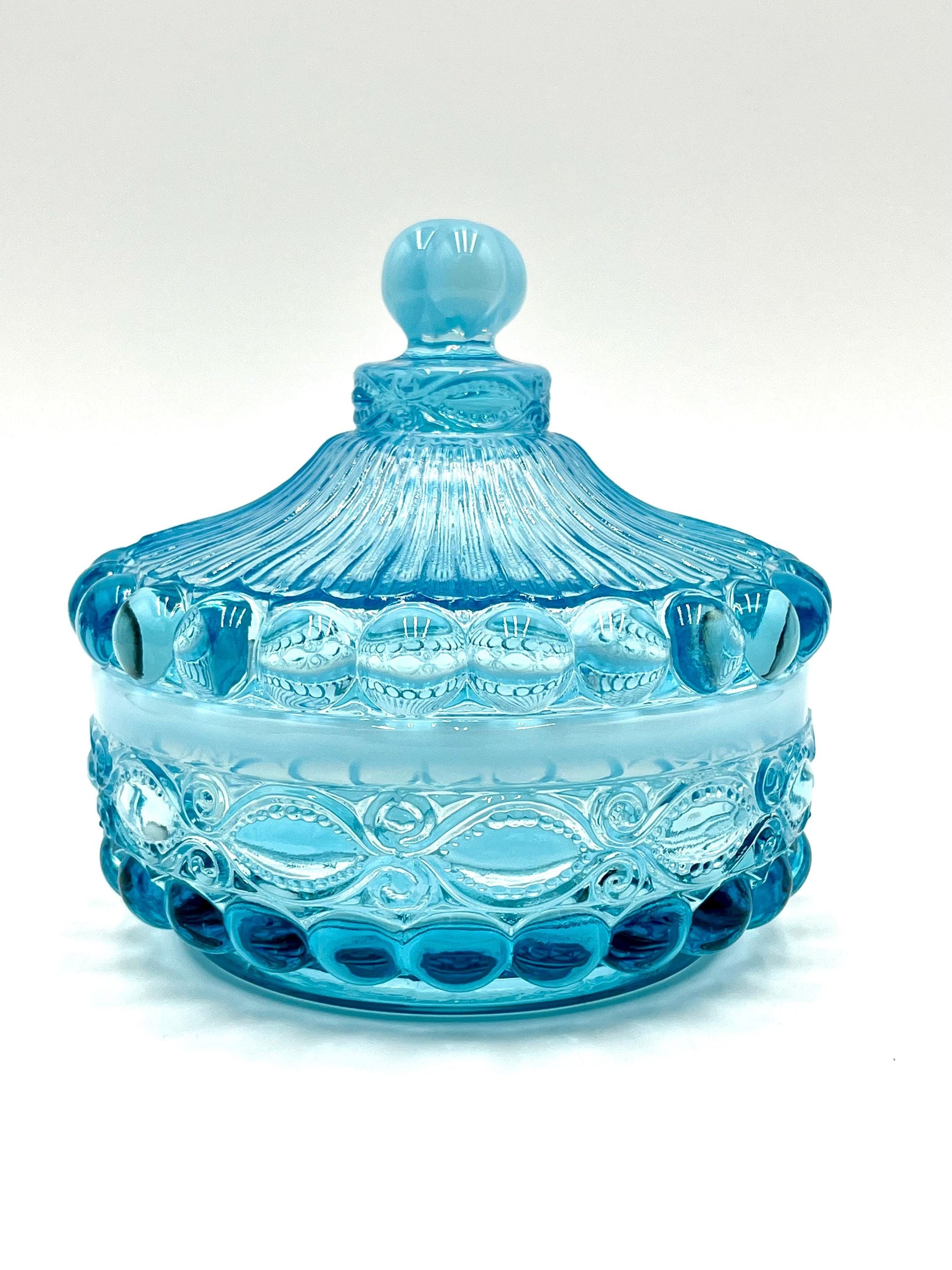 Mosser Glass Eye Winker Covered Candy or Nut Dish Blue Opal, Eye Winkler