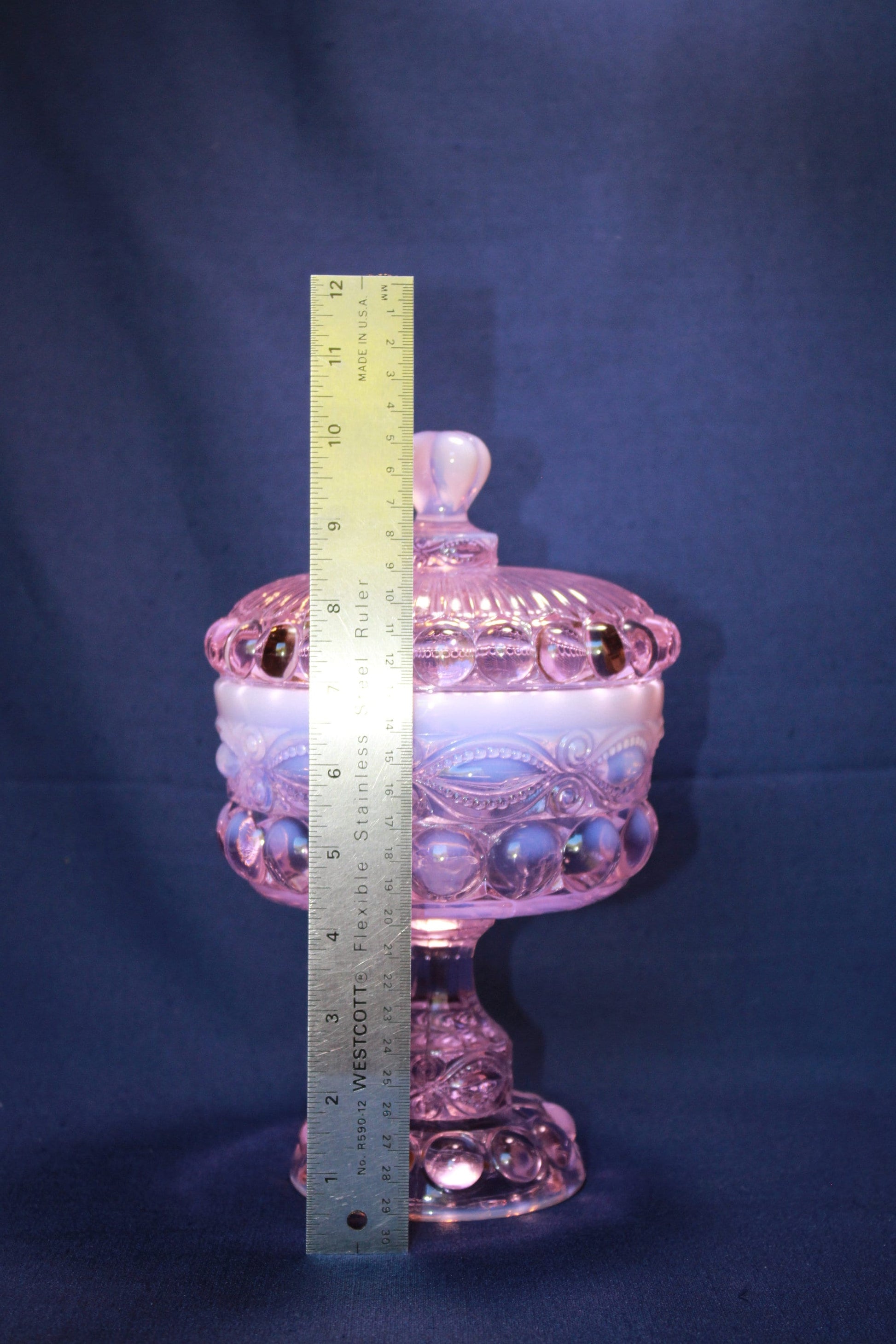 Mosser Glass Eye Winker Covered Candy Dish in Pink Opal, 10 1/4" High by 6" Wide, Comport or Footed Bowl