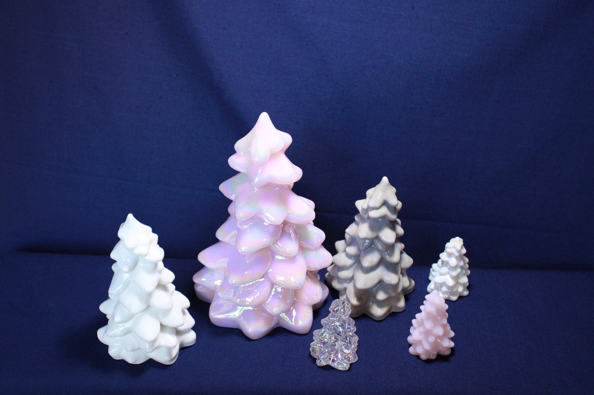 Mosser Glass Trees a Set of 6 Trees, 1 Large, 2 Medium and 3 Small Tree Collection Pressed Glass Pine Tree