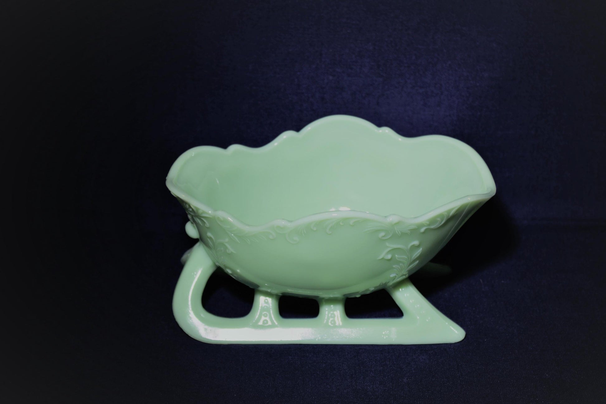 10 Pieces of JADEITE, Set of 7 Trees and Deer, Both Standing and Kneeling Santa, Jadeite Sleigh by Mosser Glass