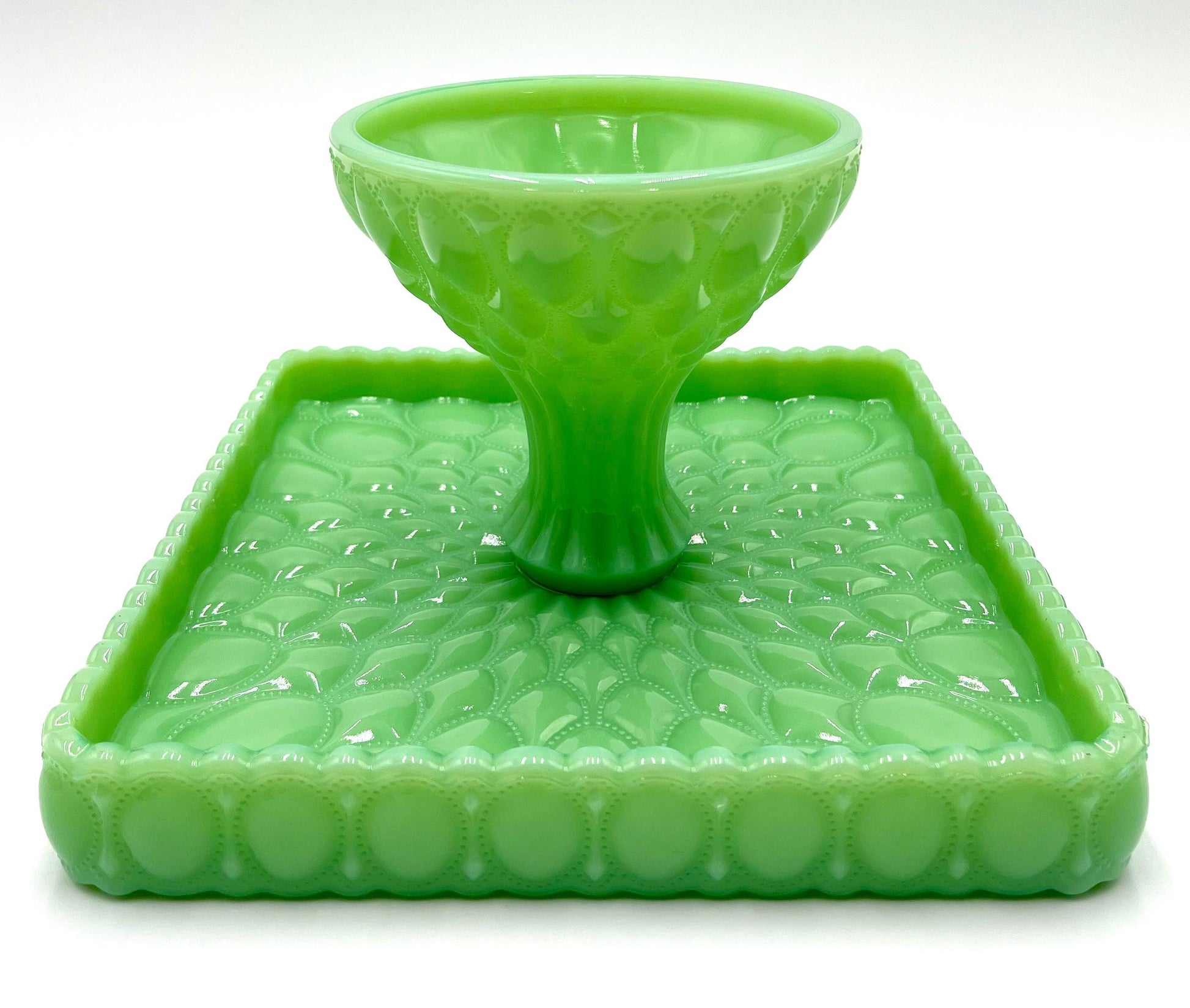 Mosser Jadeite Cake Stand or Cake Plate 10" Square Elizabeth Quilted Pedestal Cake Plate Wedding, Shower, Cupcakes