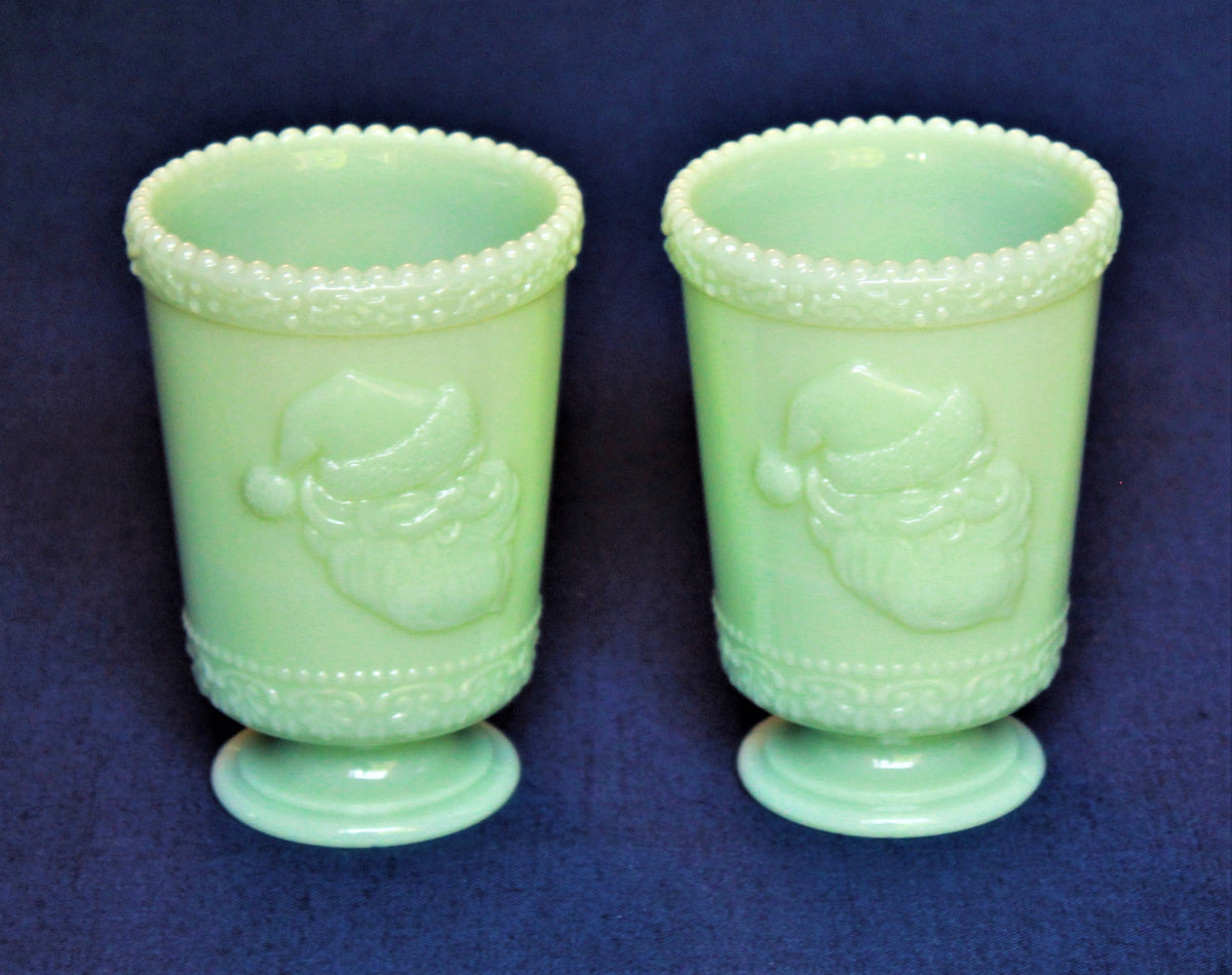 Jadeite Santa Glasses by Mosser Glass YOUR CHOICE of a Single or Set of 2 Tumblers, 8 oz Cup 4 1/2" High 3 1/4" Wide