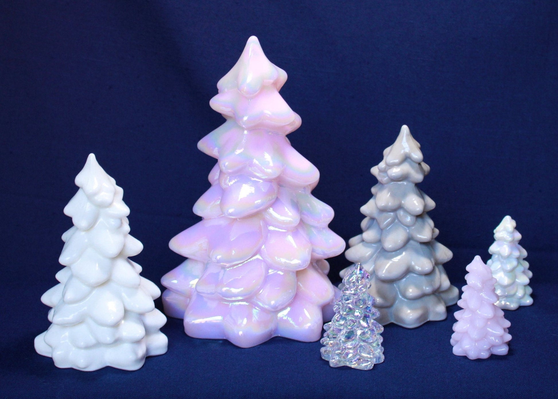 Mosser Glass Trees a Set of 6 Trees, 1 Large, 2 Medium and 3 Small Tree Collection Pressed Glass Pine Tree